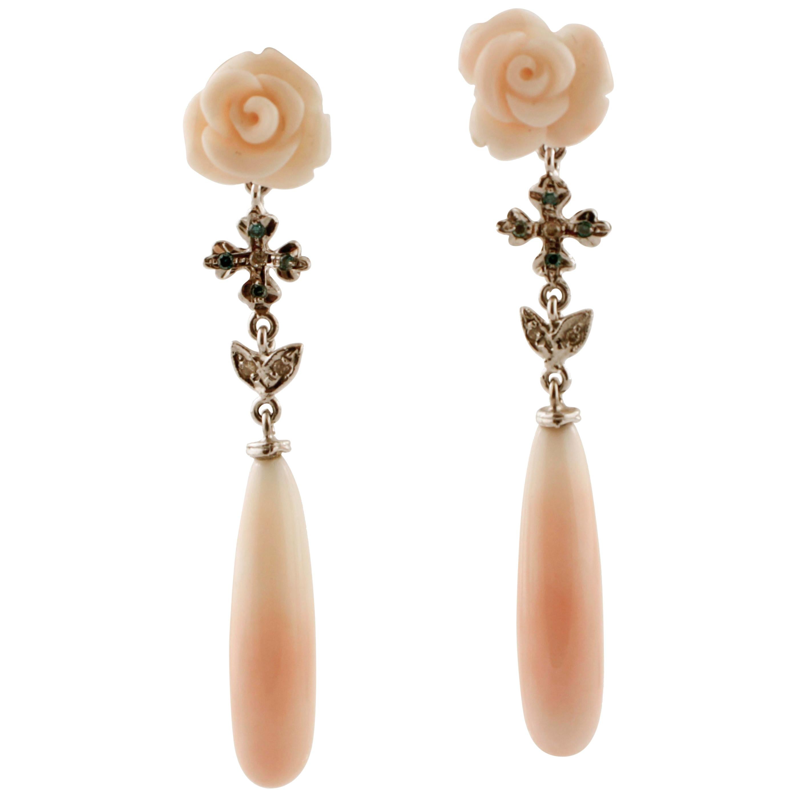 White and Blue Fancy Diamonds, Pink Flowers/Drops Coral, White Gold Drop Earrings