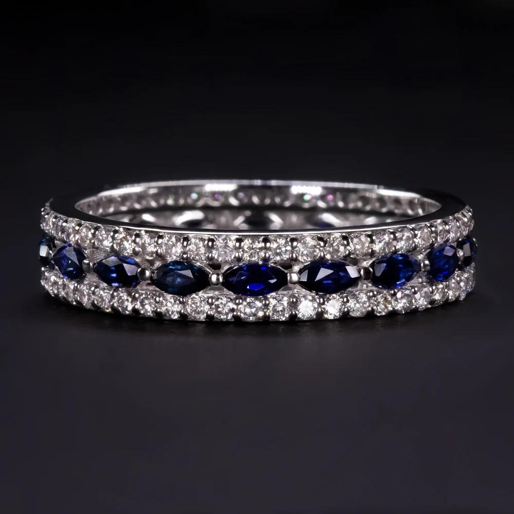 Taille émeraude Bague à anneau éternel en diamants blancs et saphir bleu 