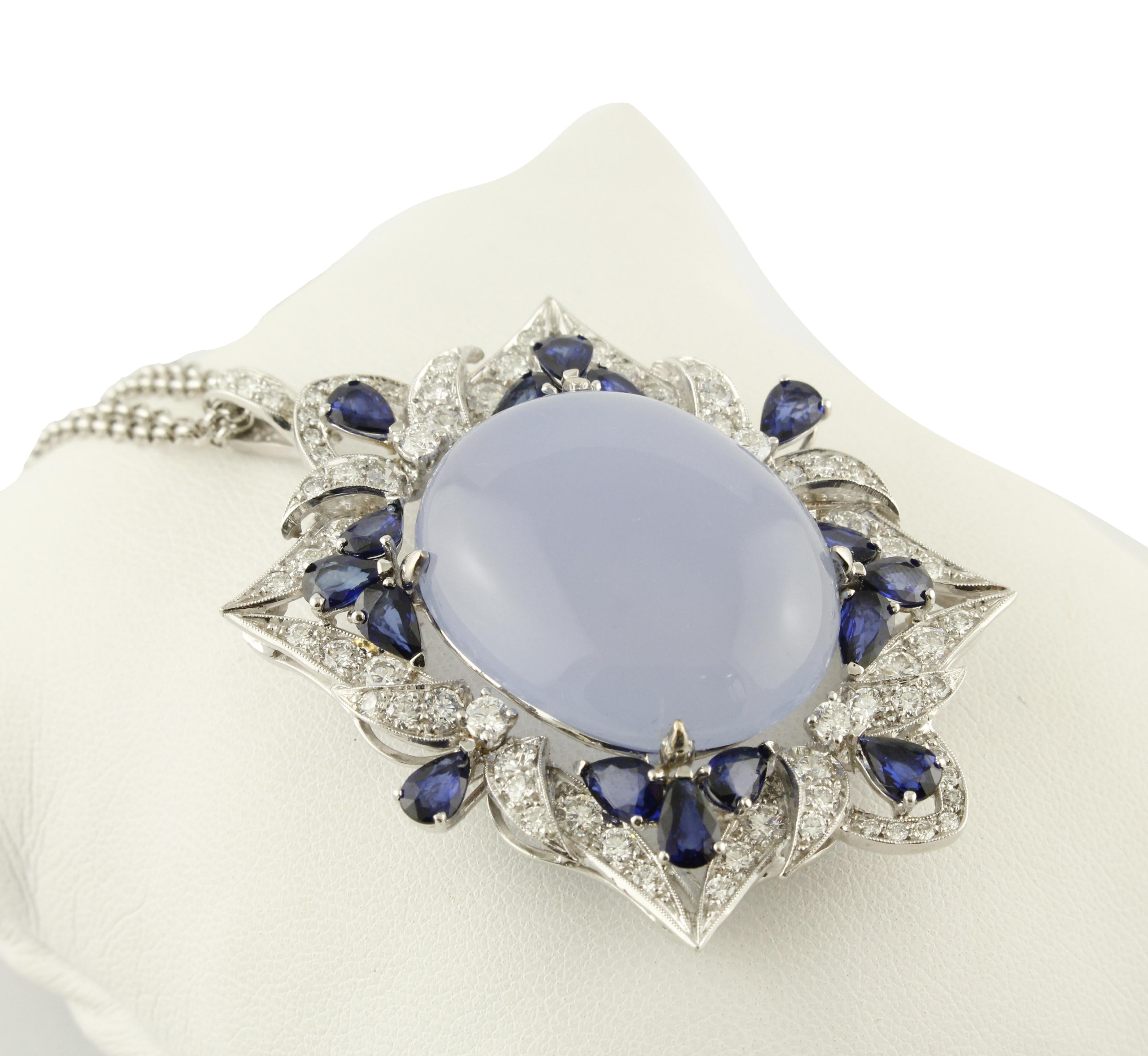 Retro White Diamonds Blue Sapphires Chalcedony White Gold Pendant Necklace