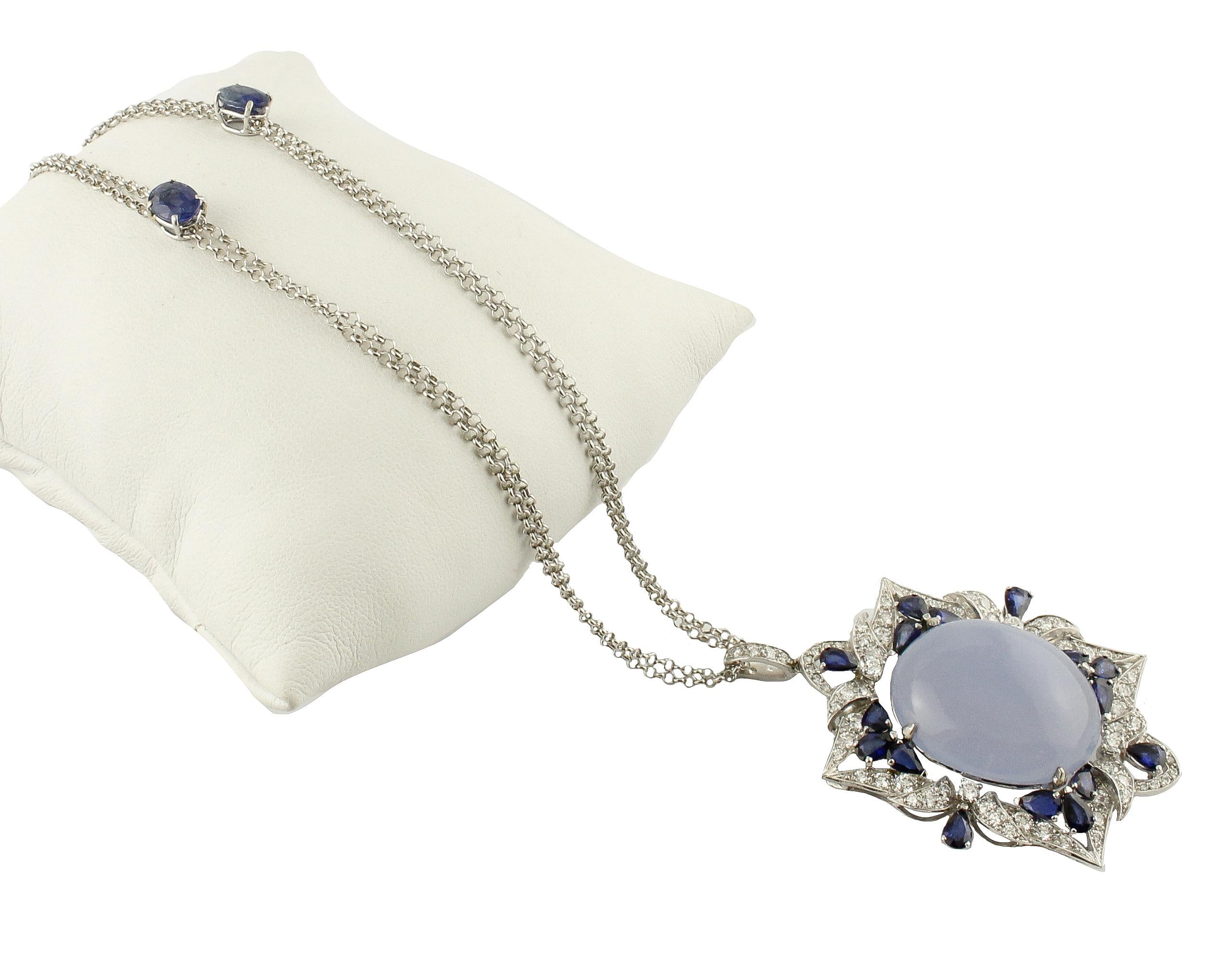 Round Cut White Diamonds Blue Sapphires Chalcedony White Gold Pendant Necklace