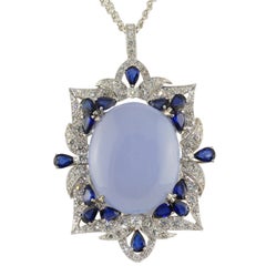 White Diamonds Blue Sapphires Chalcedony White Gold Pendant Necklace