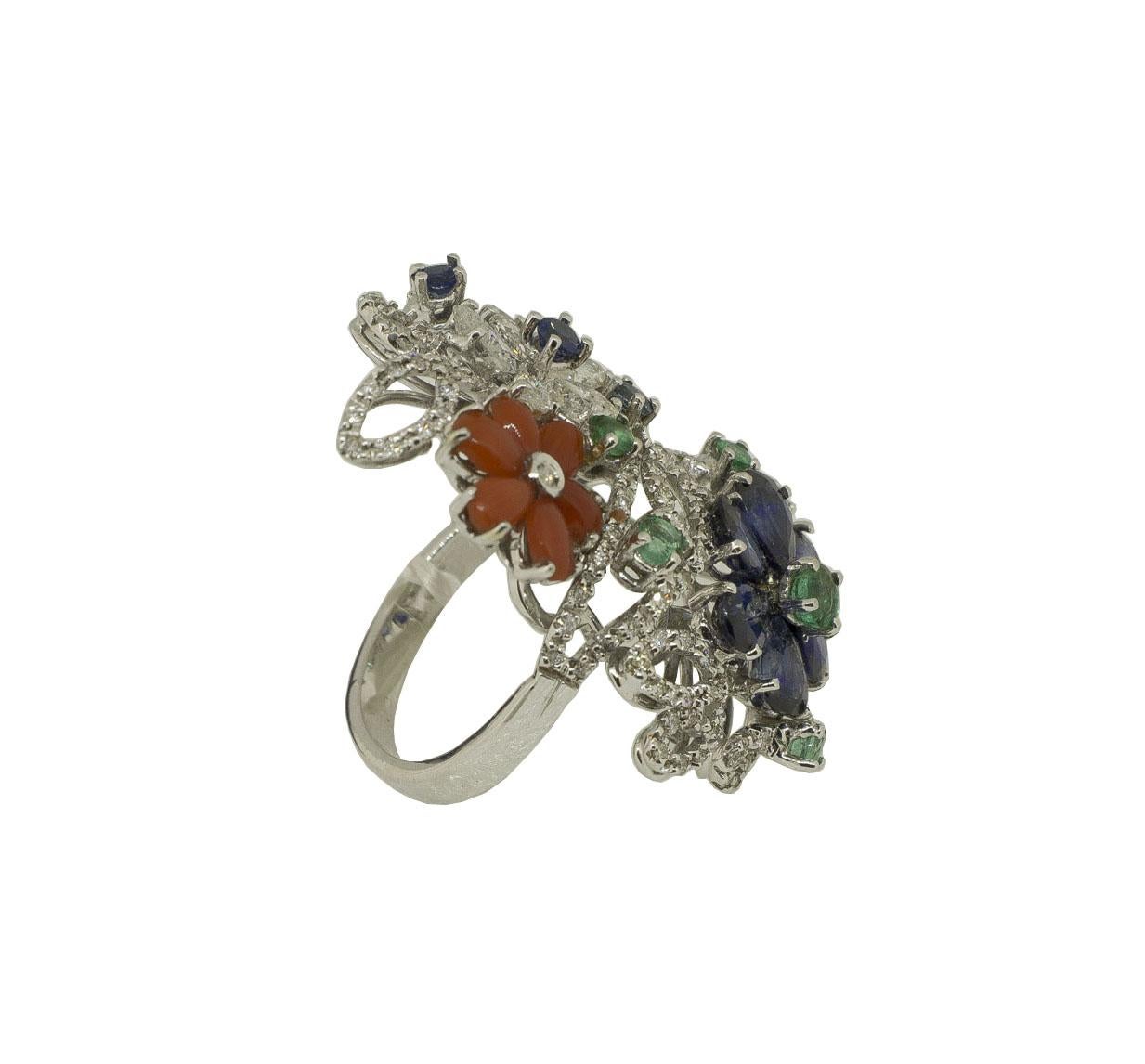 Retro White Diamonds Blue Sapphires Emeralds Corals White Gold Fashion Ring For Sale