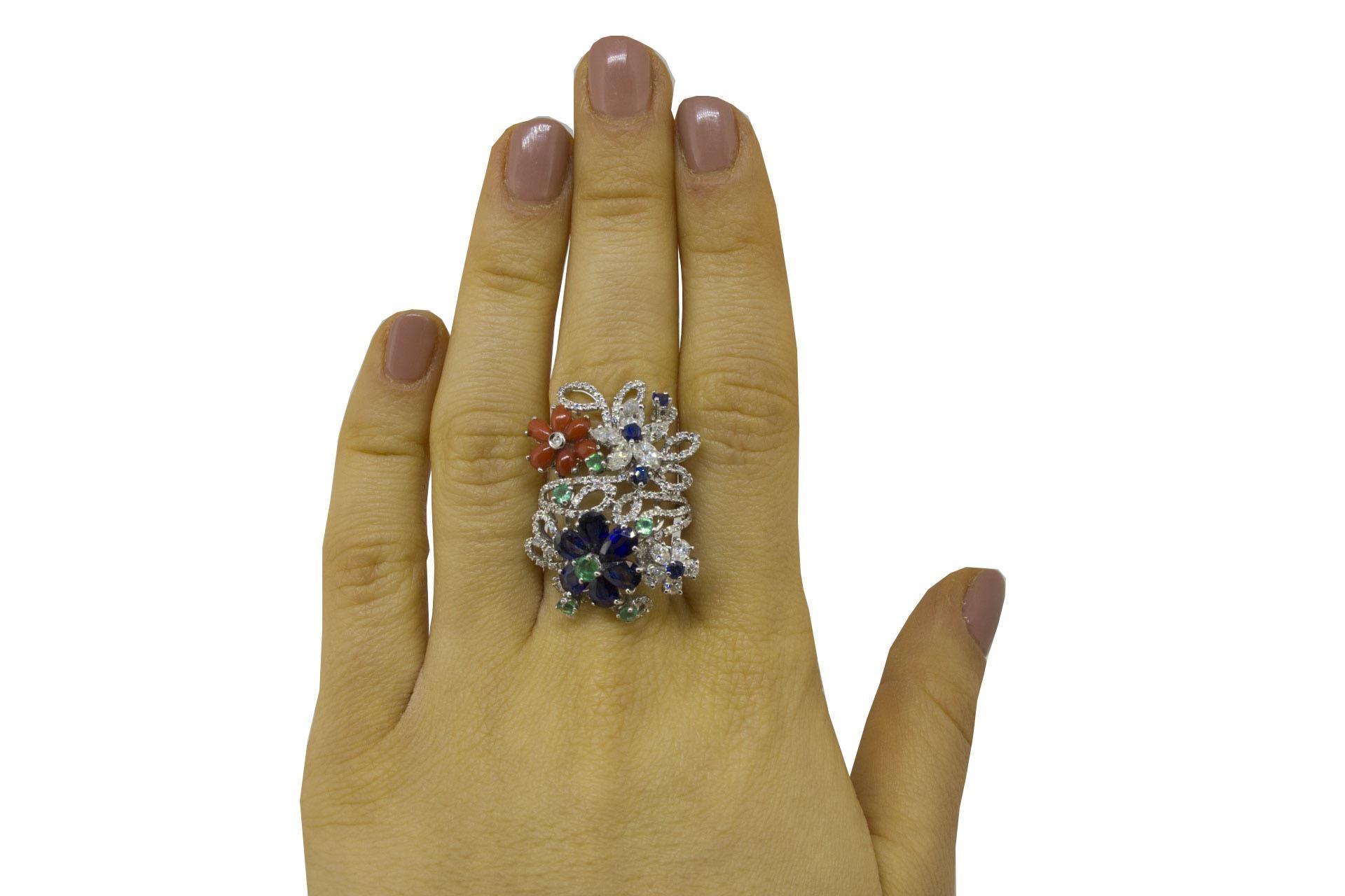 Women's White Diamonds Blue Sapphires Emeralds Corals White Gold Fashion Ring For Sale