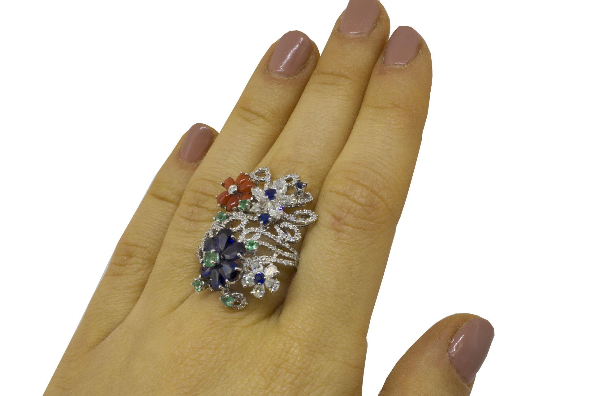 White Diamonds Blue Sapphires Emeralds Corals White Gold Fashion Ring For Sale 1
