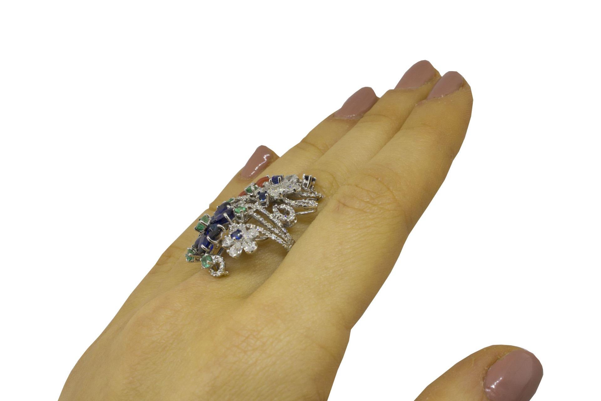 White Diamonds Blue Sapphires Emeralds Corals White Gold Fashion Ring For Sale 2