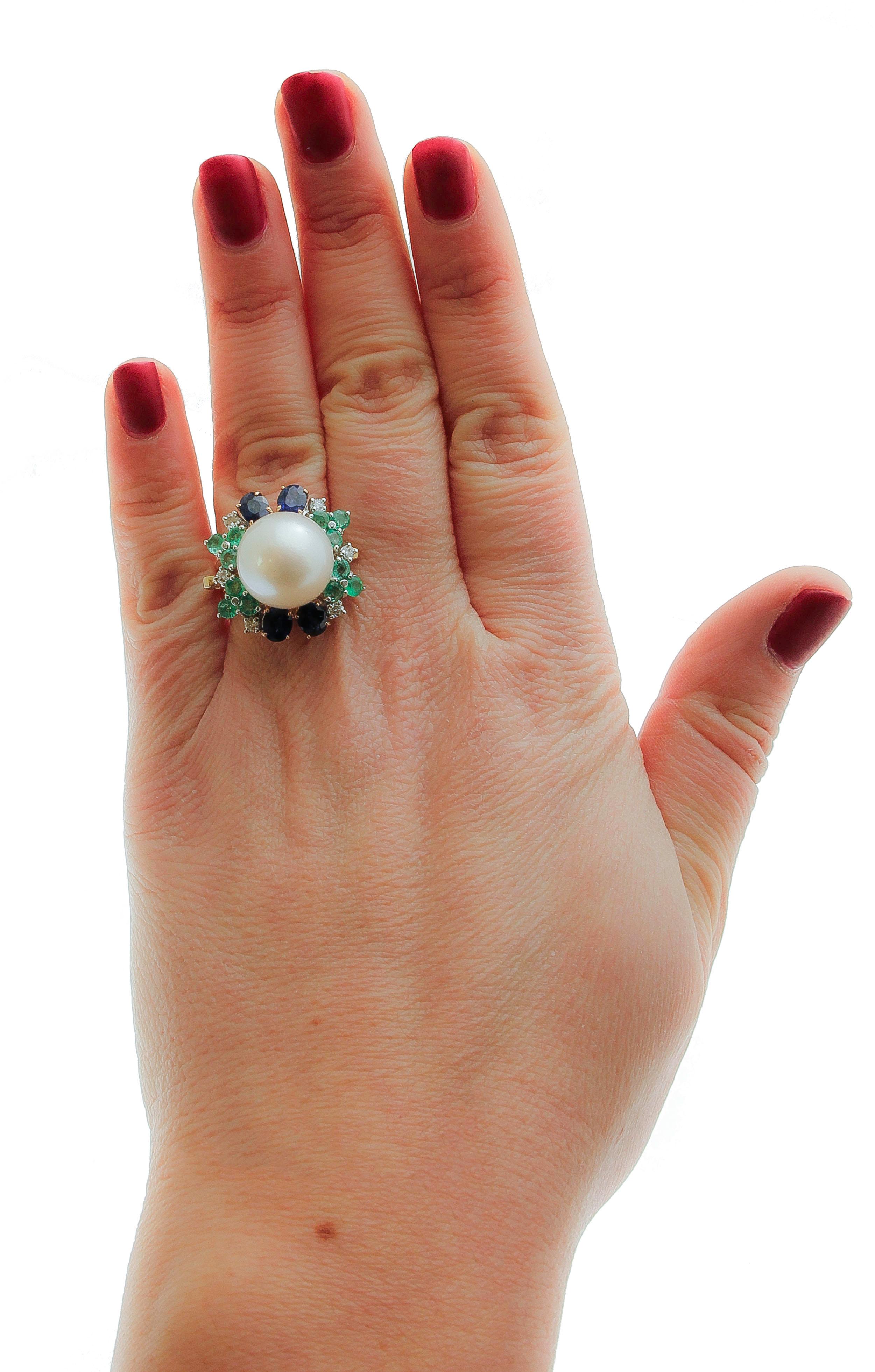 Retro White Diamonds, Blue Sapphires, Emeralds, White Pearl, Rose Gold Cluster Ring For Sale