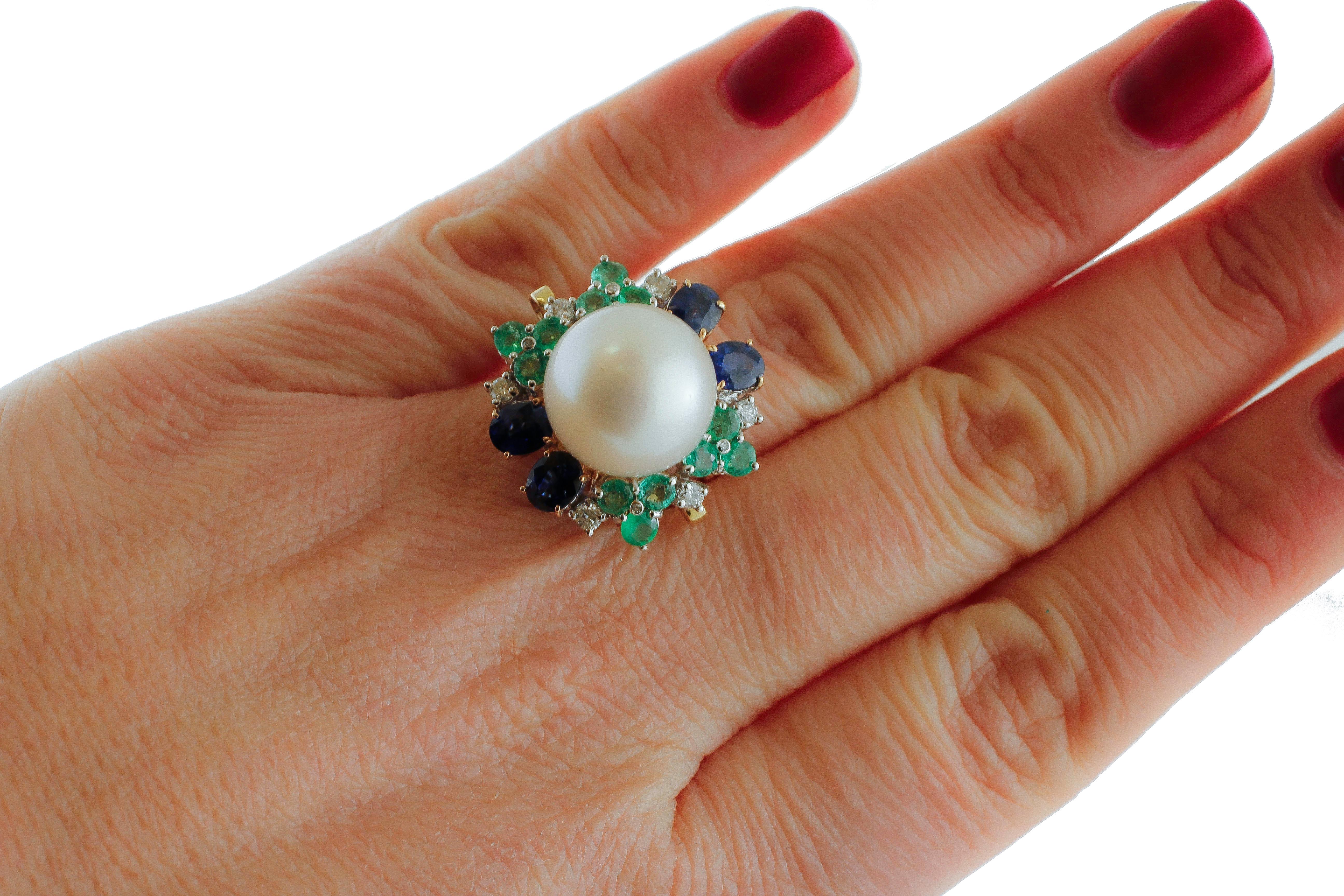 Mixed Cut White Diamonds, Blue Sapphires, Emeralds, White Pearl, Rose Gold Cluster Ring For Sale