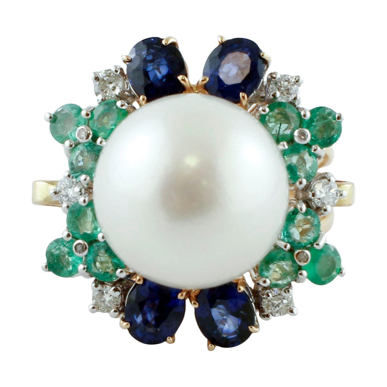 White Diamonds, Blue Sapphires, Emeralds, White Pearl, Rose Gold Cluster Ring For Sale