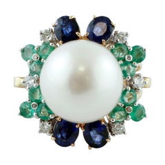 Retro White Diamonds, Blue Sapphires, Emeralds, White Pearl, Rose Gold Cluster Ring