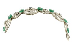 White Diamonds Blue Sapphires Green Agate Flowers White Gold Link Bracelet
