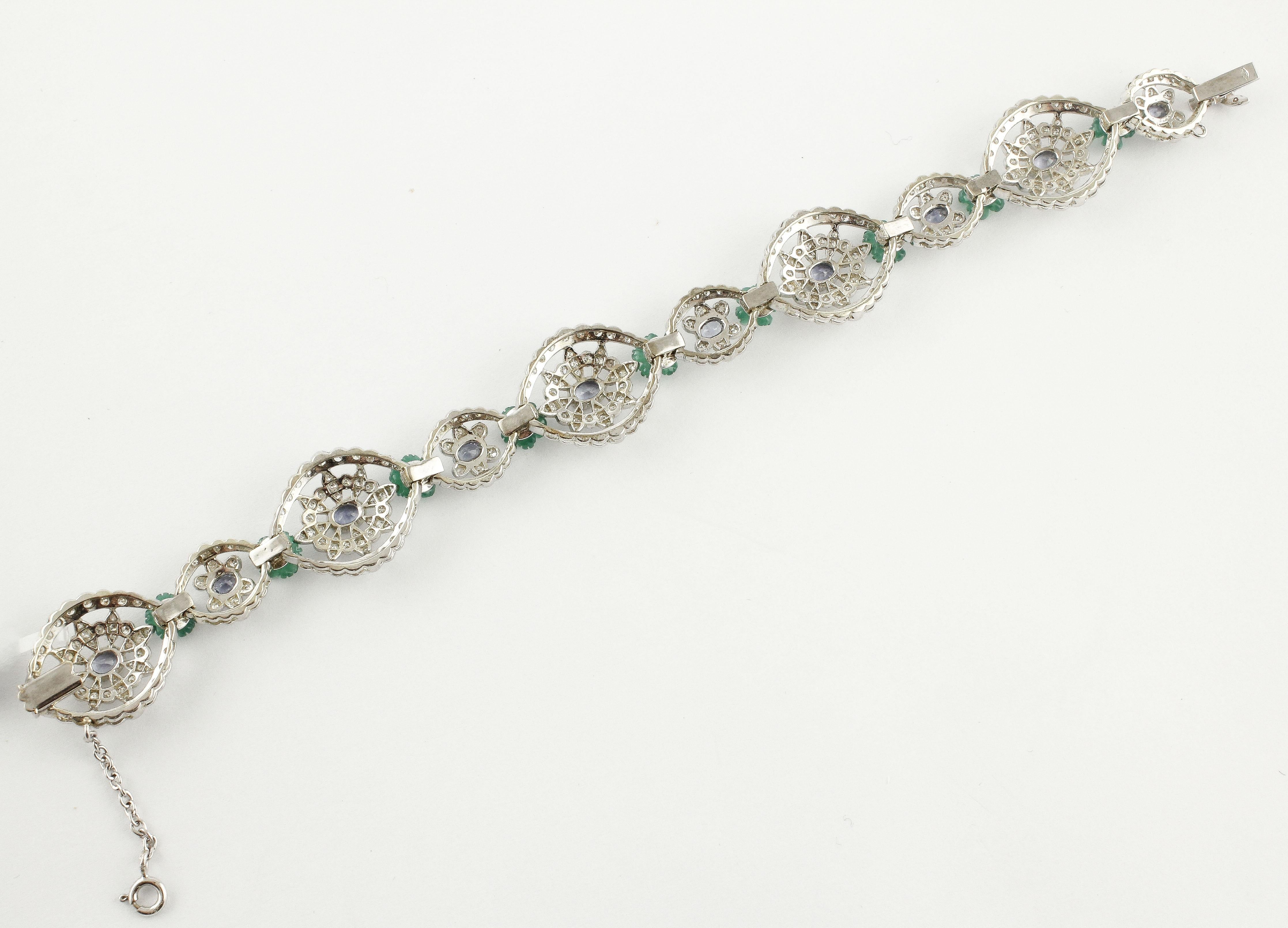 White Diamonds Blue Sapphires Green Agate Flowers White Gold Link Bracelet In Good Condition For Sale In Marcianise, Marcianise (CE)