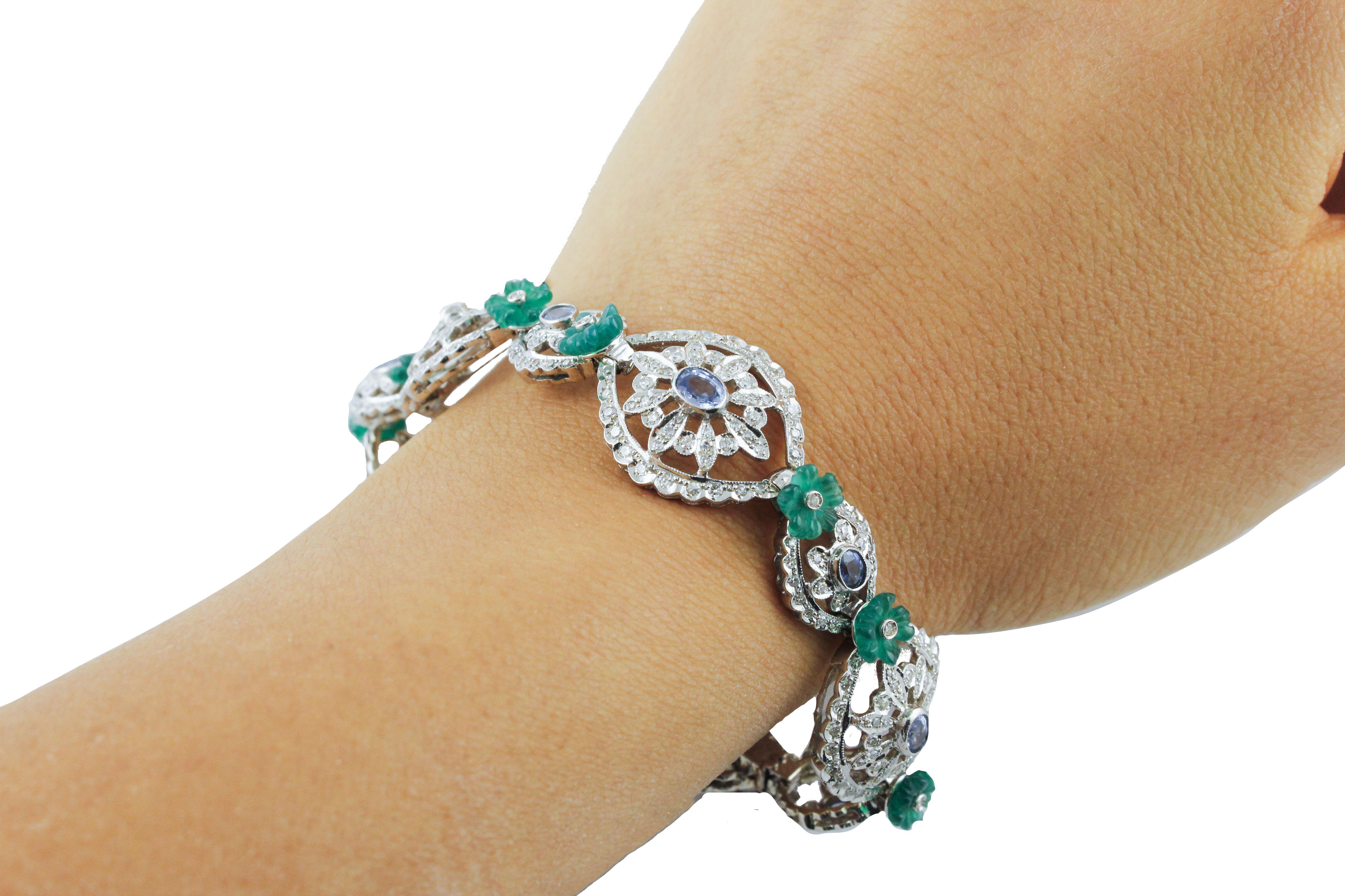 White Diamonds Blue Sapphires Green Agate Flowers White Gold Link Bracelet For Sale 1