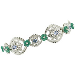 Vintage White Diamonds Blue Sapphires Green Agate Flowers White Gold Link Bracelet