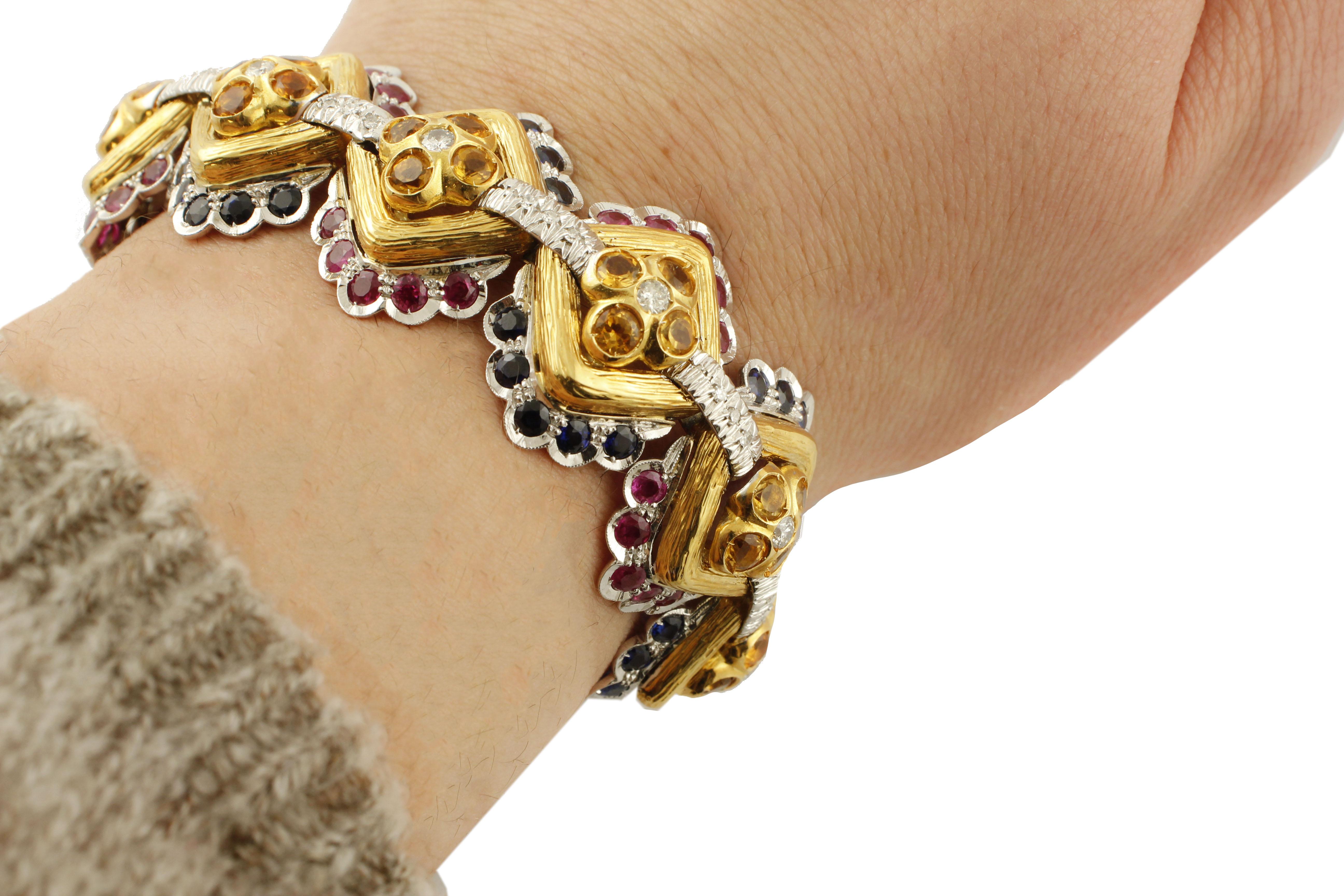 Brilliant Cut White Diamonds, Blue Sapphires, Rubies White and Yellow Gold Link Bracelet For Sale