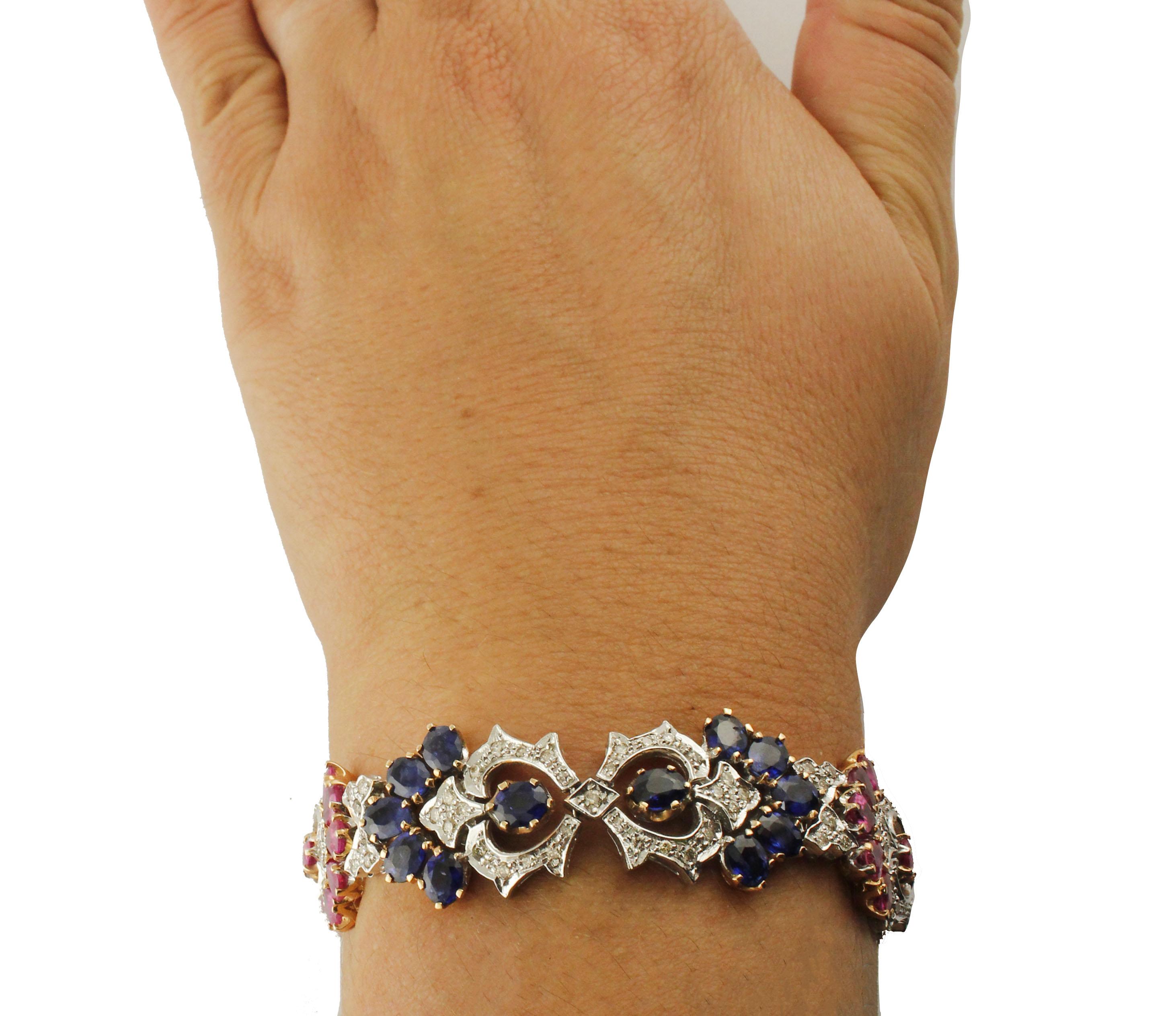 Retro White Diamonds Blue Sapphires Rubies White Gold Link Bracelet For Sale