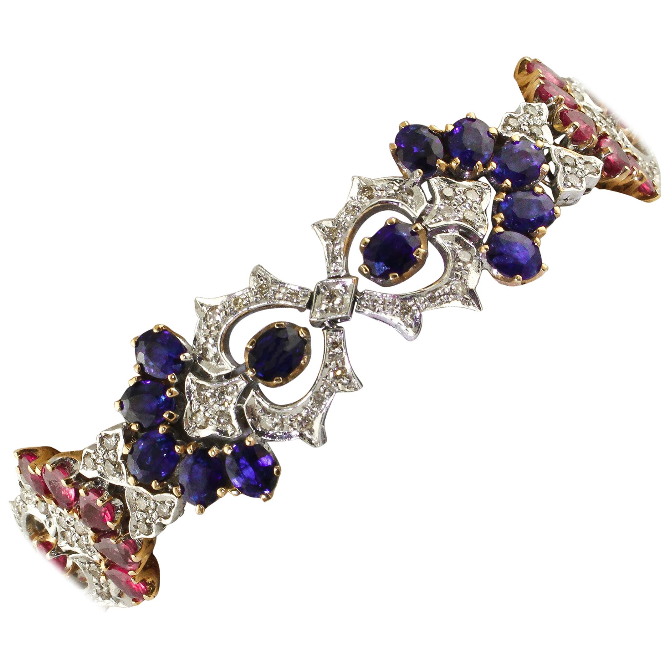 White Diamonds Blue Sapphires Rubies White Gold Link Bracelet For Sale