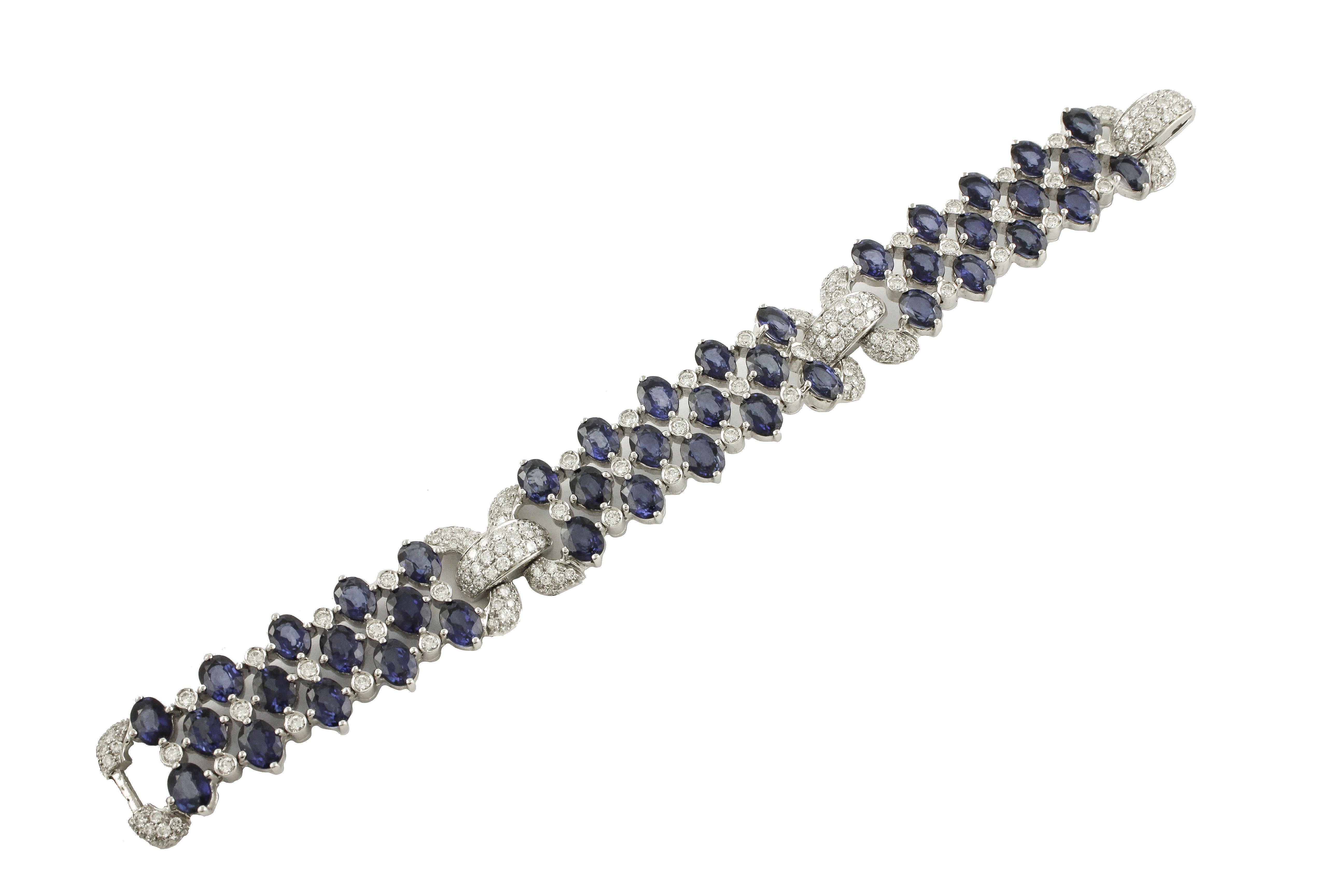 Retro White Diamonds Blue Sapphires White Gold Link Bracelet