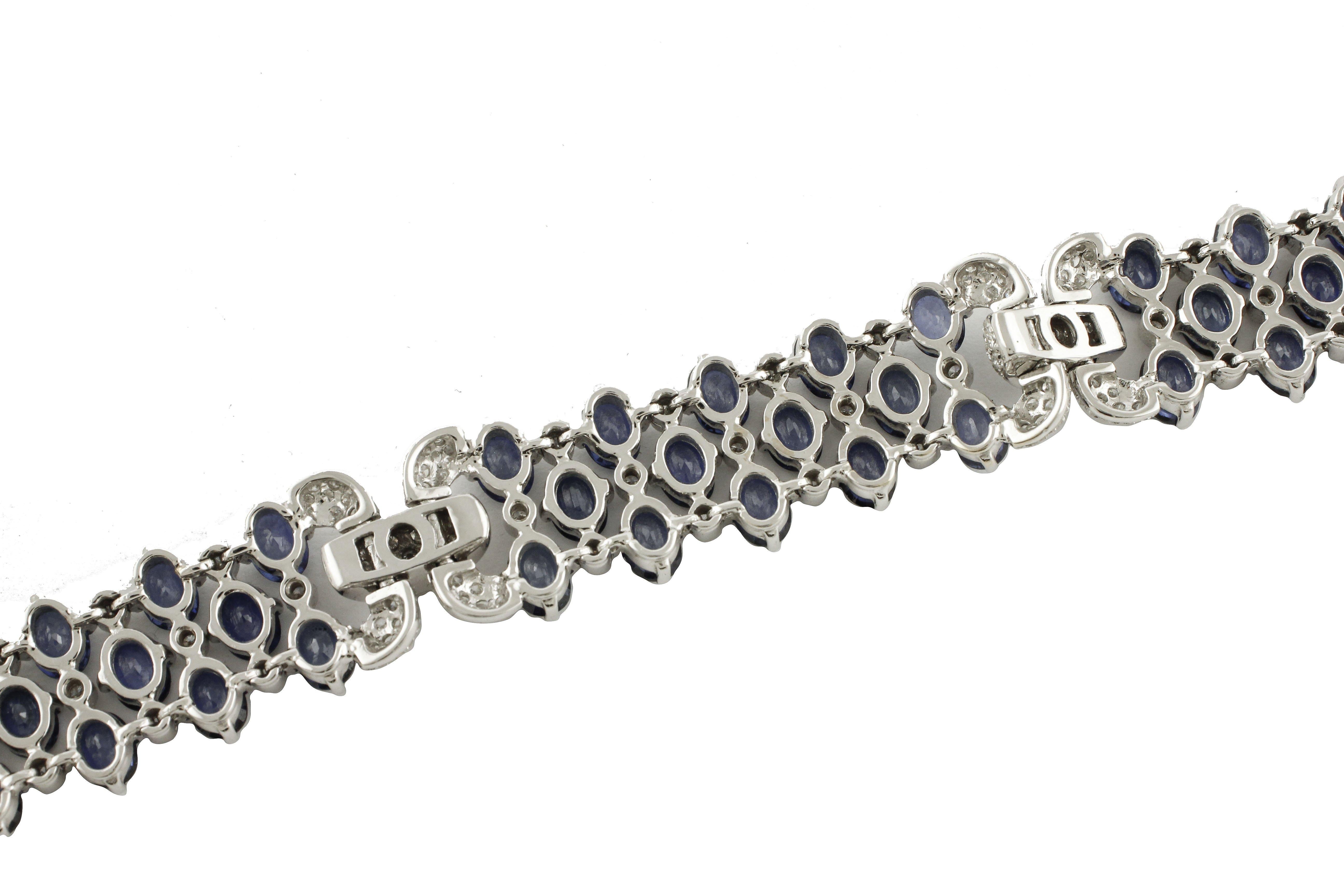 Brilliant Cut White Diamonds Blue Sapphires White Gold Link Bracelet