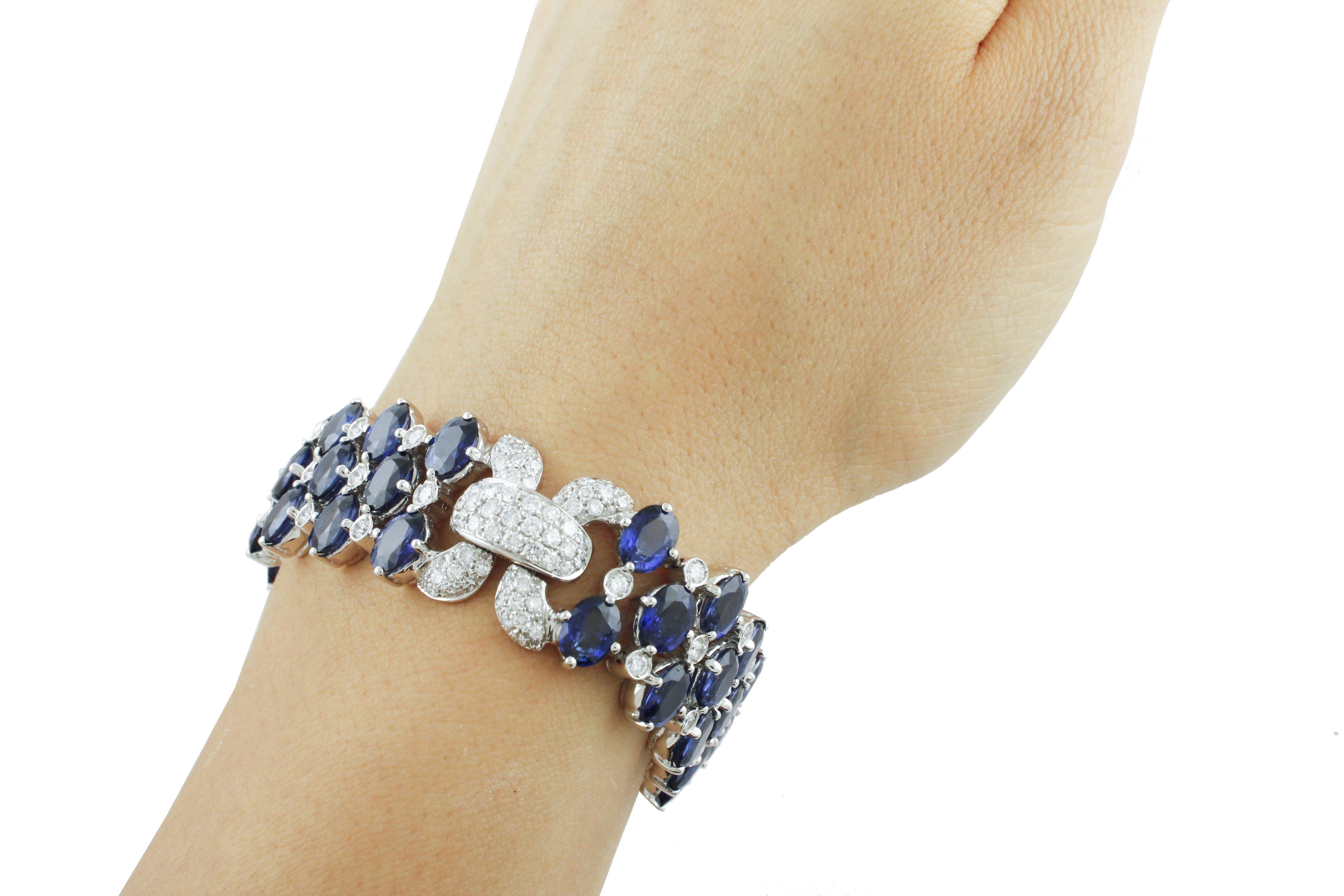 Women's White Diamonds Blue Sapphires White Gold Link Bracelet