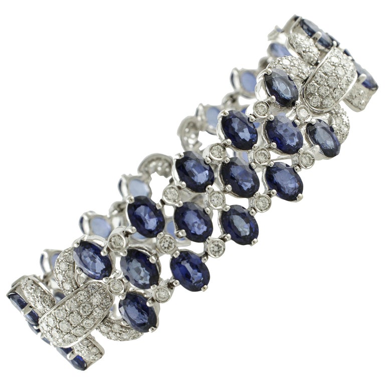 White Diamonds Blue Sapphires White Gold Link Bracelet For Sale at 1stDibs