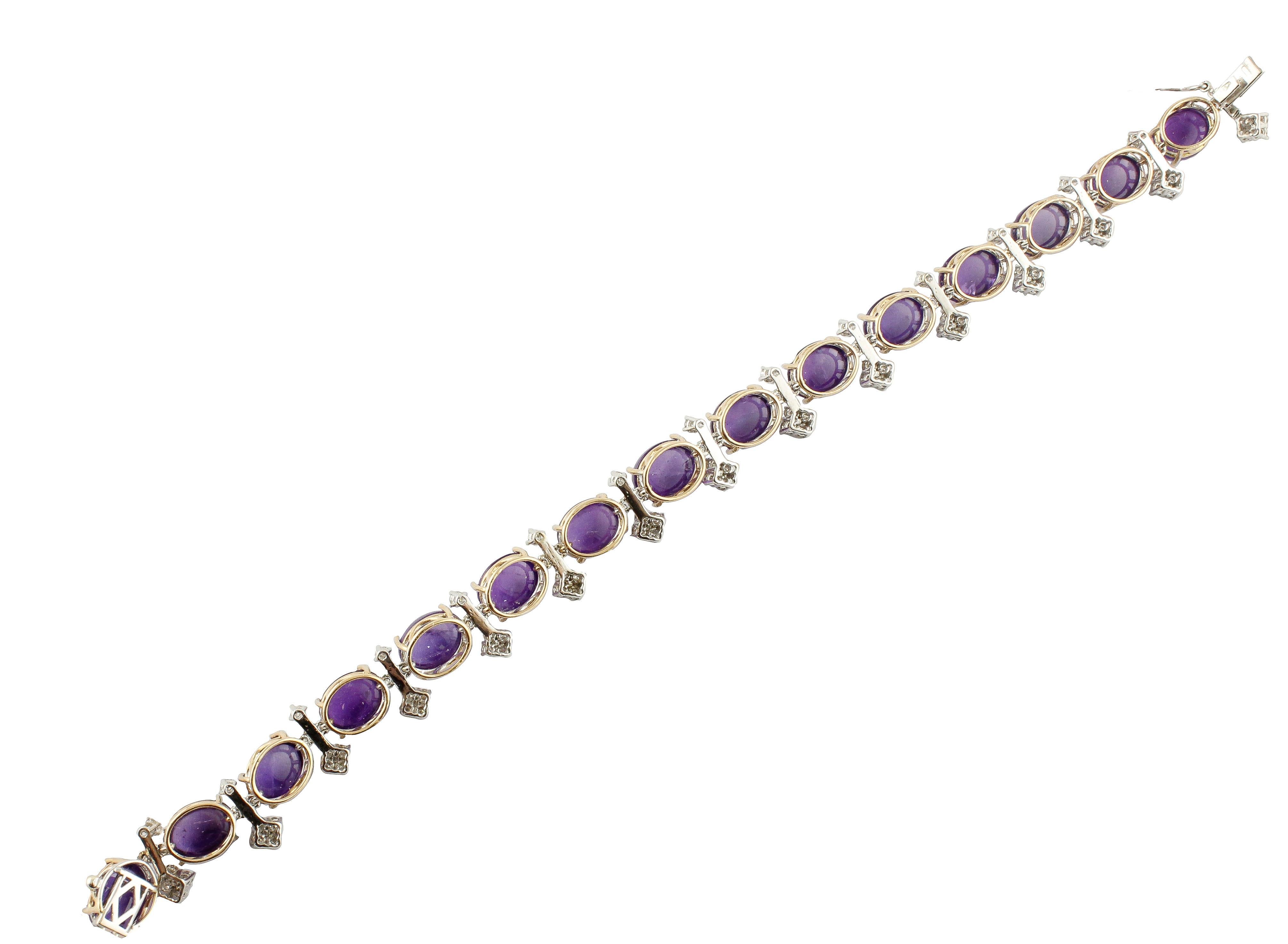 White Diamonds Cabochon Cut Amethyst Link Bracelet In Good Condition In Marcianise, Marcianise (CE)