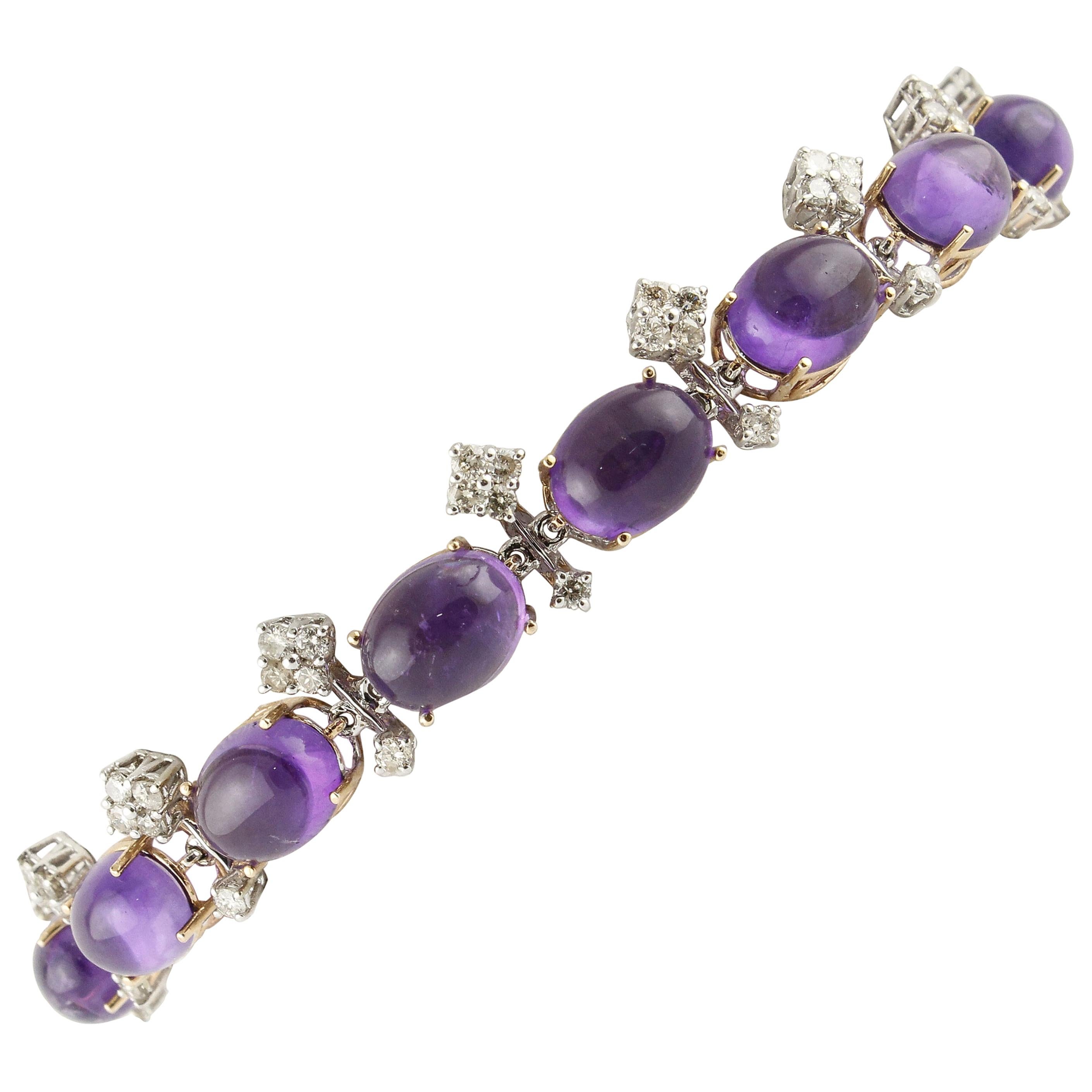 White Diamonds Cabochon Cut Amethyst Link Bracelet