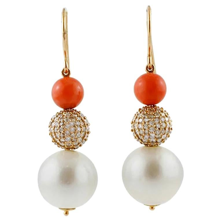 White Diamonds, Coral, South-Sea Pearls, 18 Karat Rose Gold Drop Retrò Earrings For Sale