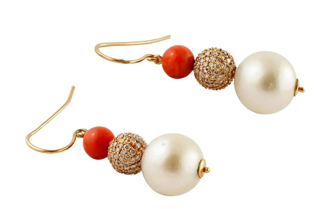 Retro White Diamonds, Coral, South-Sea Pearls, 18 Karat Rose Gold Drop Retrò Earrings For Sale