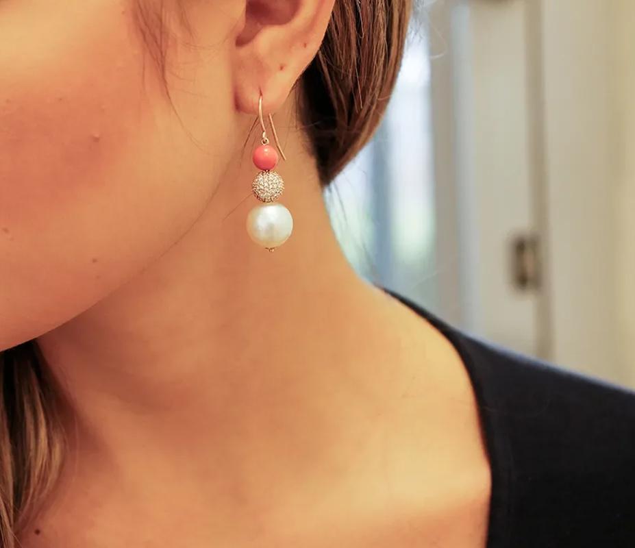Bead White Diamonds, Coral, South-Sea Pearls, 18 Karat Rose Gold Drop Retrò Earrings For Sale