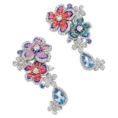 Boucles d'oreilles avec aigue-marine, diamants blancs et micromosaïque