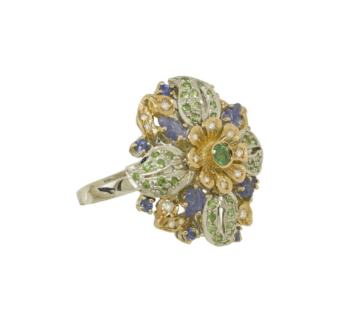 Retro White Diamonds Emerald Blue Sapphires Tsavorites Rose and White Gold Flower Ring