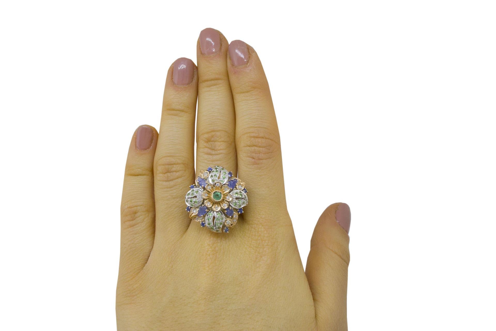 White Diamonds Emerald Blue Sapphires Tsavorites Rose and White Gold Flower Ring 2