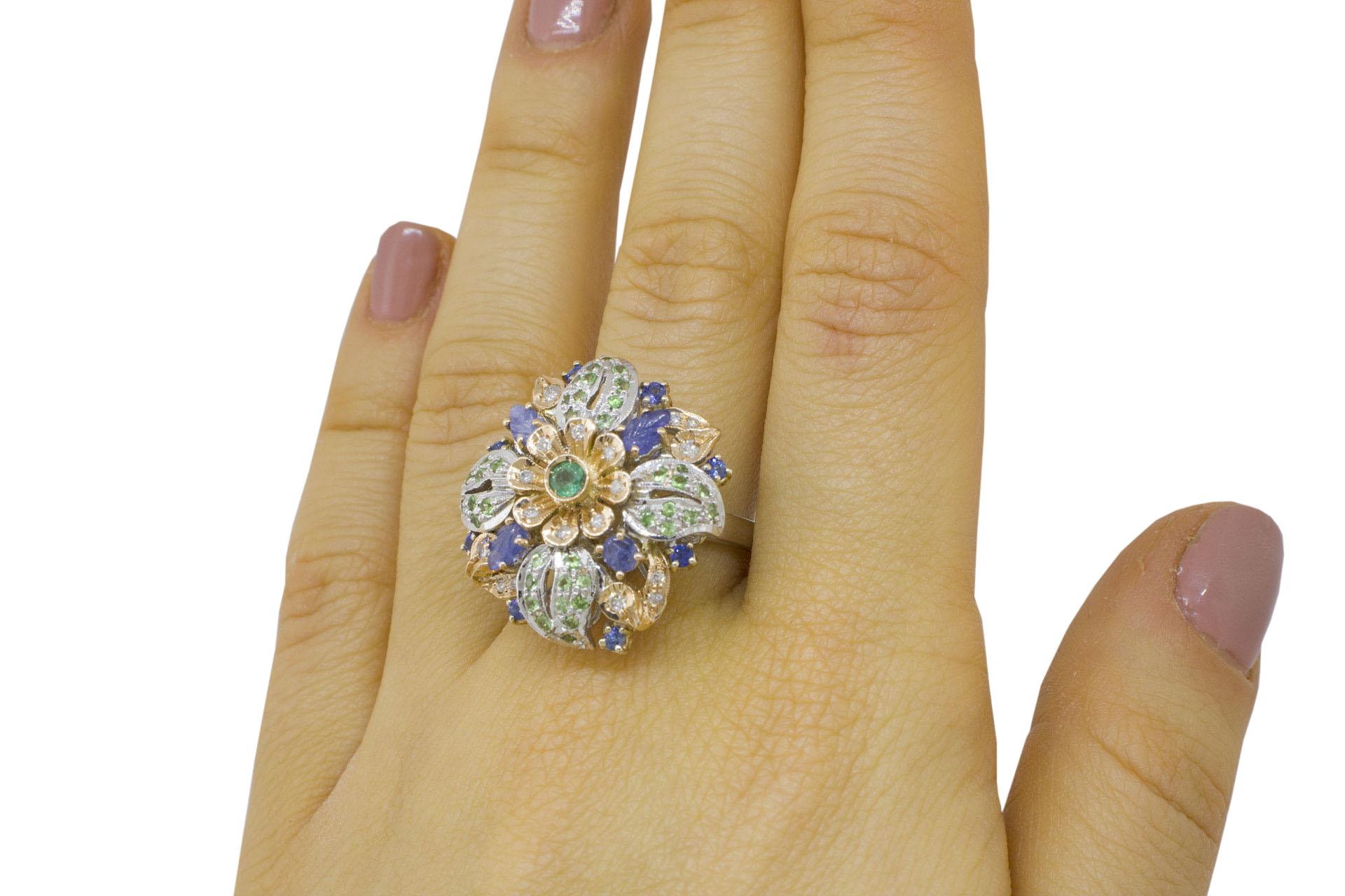 White Diamonds Emerald Blue Sapphires Tsavorites Rose and White Gold Flower Ring 3