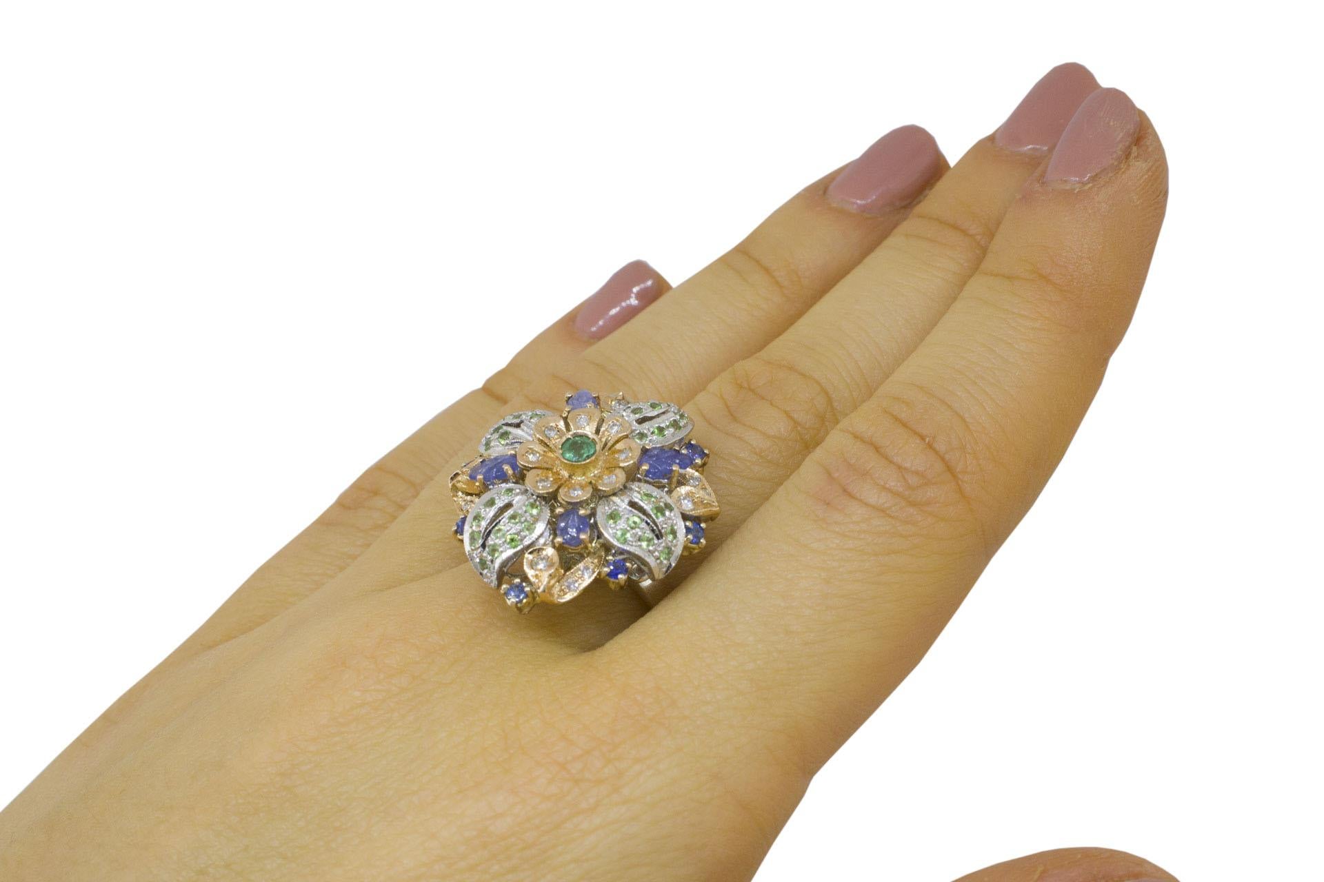 White Diamonds Emerald Blue Sapphires Tsavorites Rose and White Gold Flower Ring 4