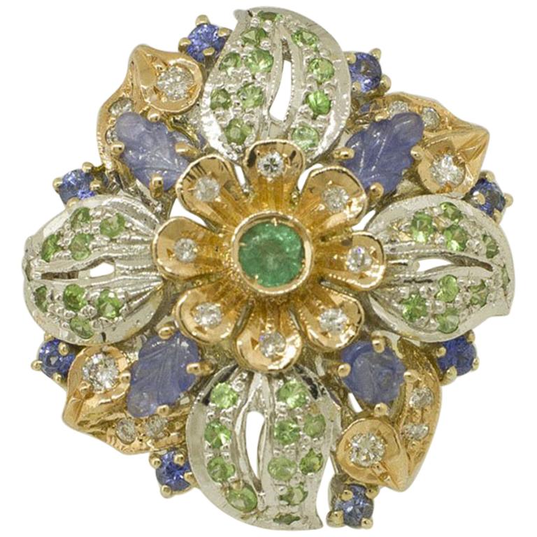 White Diamonds Emerald Blue Sapphires Tsavorites Rose and White Gold Flower Ring