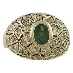 White Diamonds, Emerald Rose Gold and Silver Retrò Ring