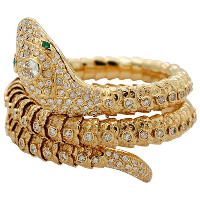 White Diamonds, Emeralds, 18 Karat Yellow Gold Snake Shape Retrò ...