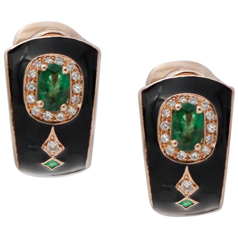 White Diamonds, Emeralds, Black Enamel, 14 Karat Rose Gold Clip-On Earrings