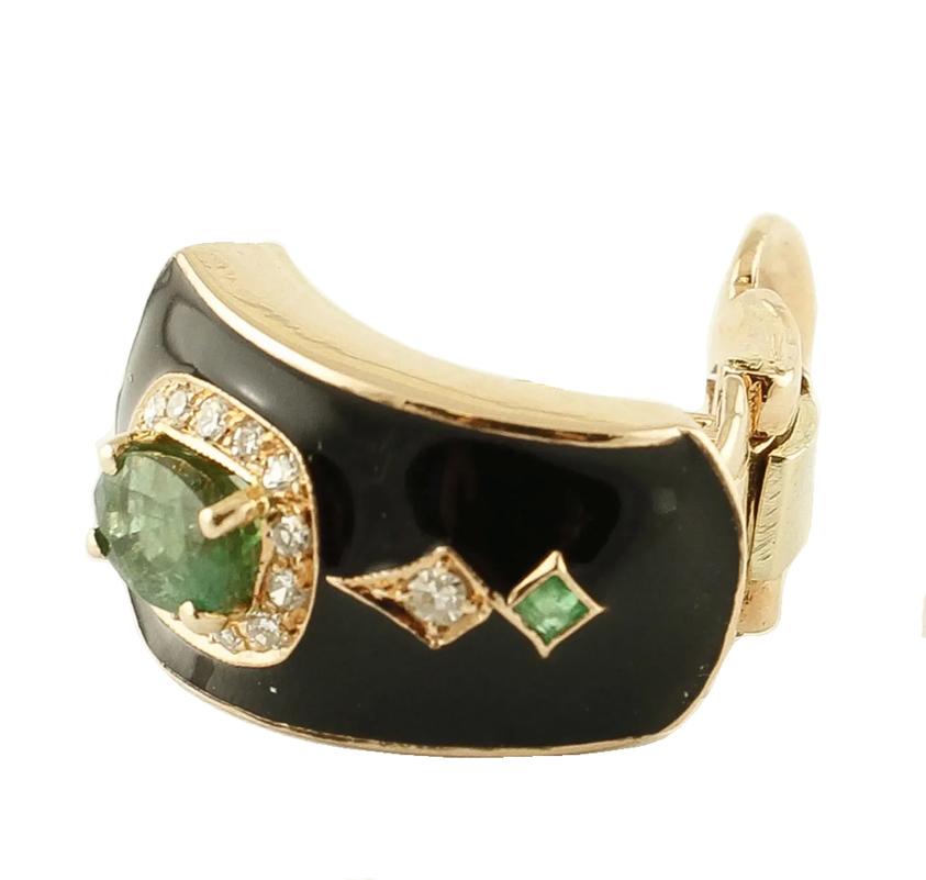 Retro White Diamonds, Emeralds, Black Enamel, 14 Karat Rose Gold Clip-On Earrings