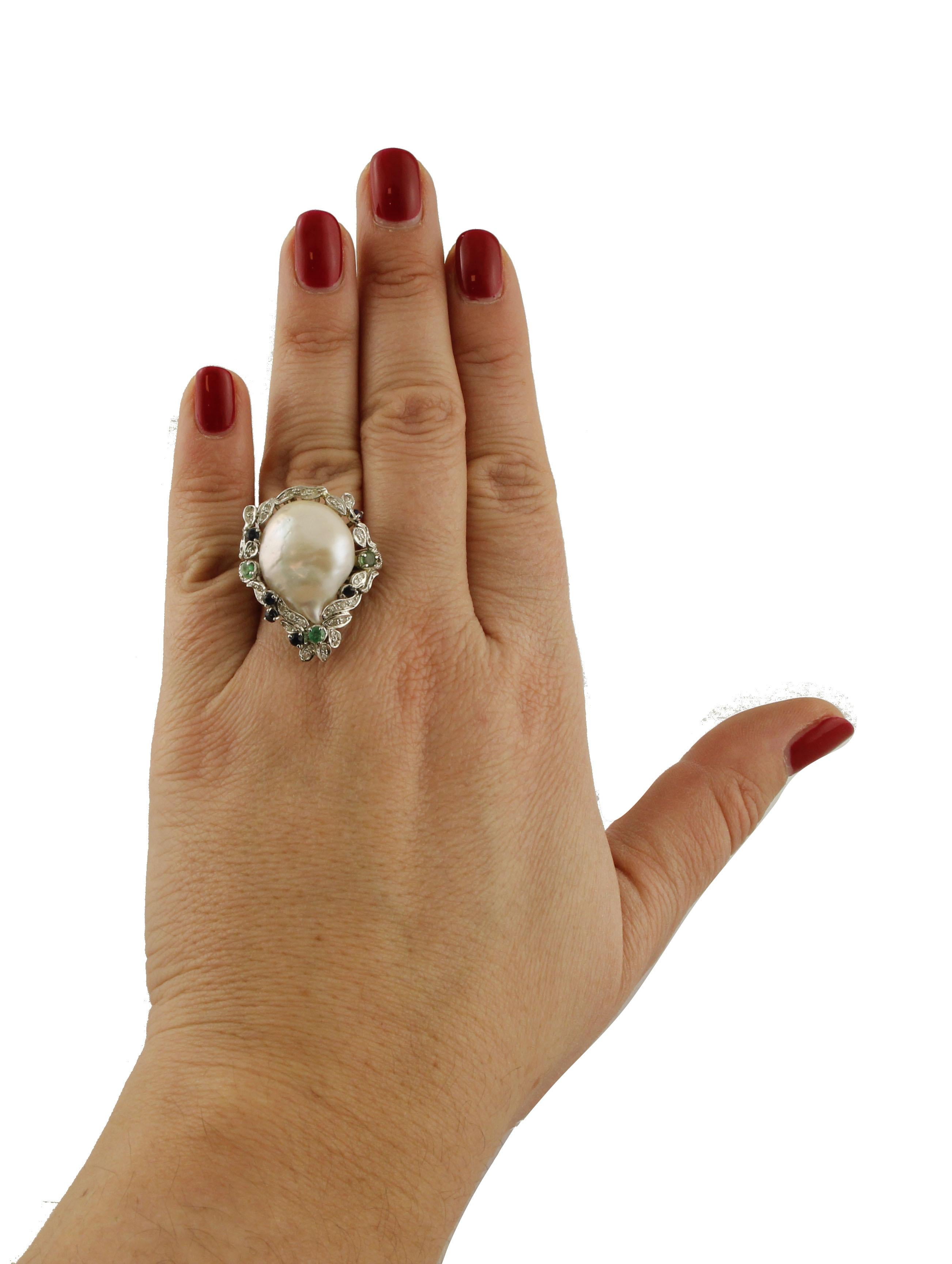 Women's White Diamonds Emeralds Blue Sapphires Baroque Pearl White Gold Cocktail Ring