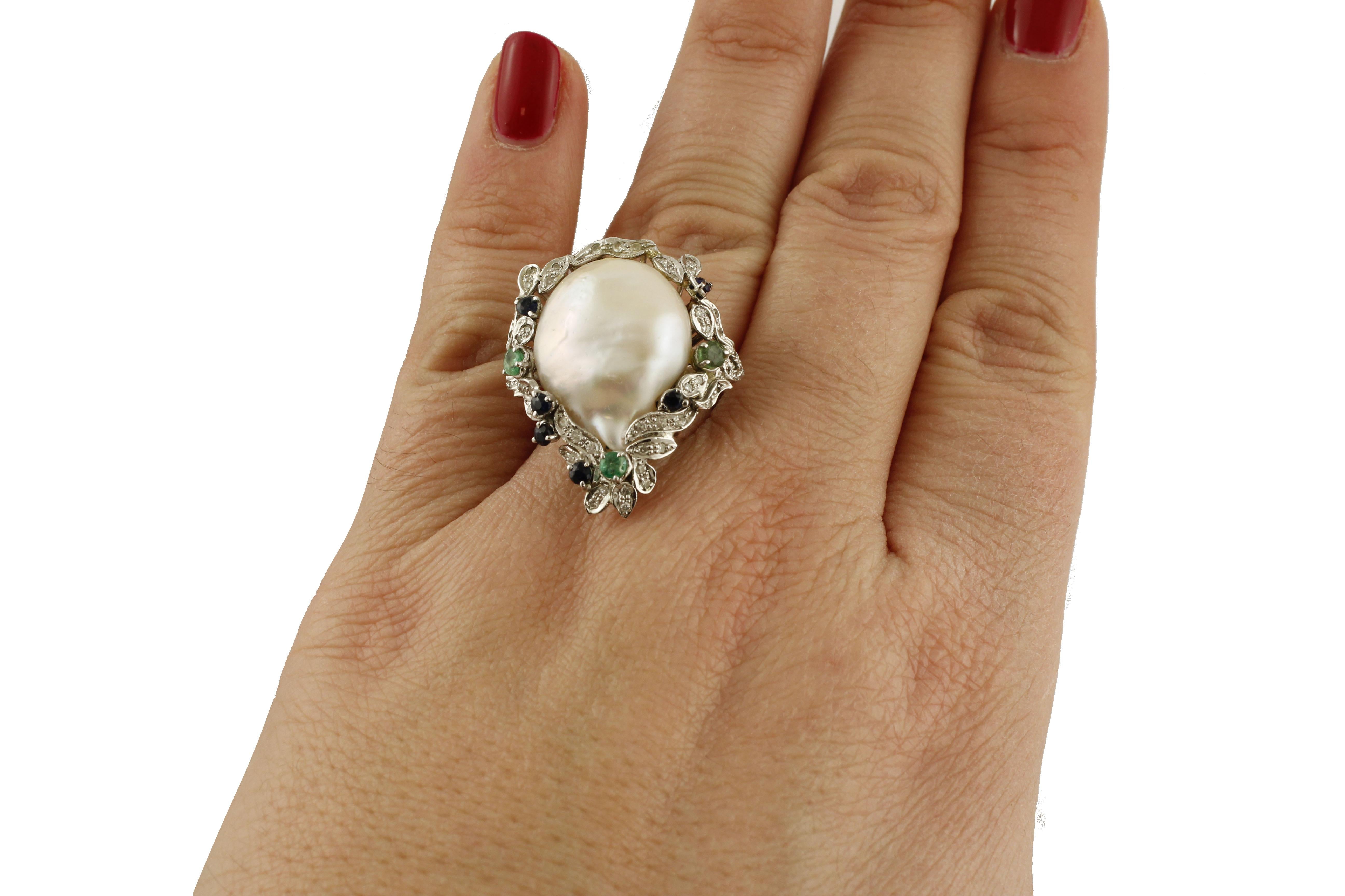White Diamonds Emeralds Blue Sapphires Baroque Pearl White Gold Cocktail Ring 2