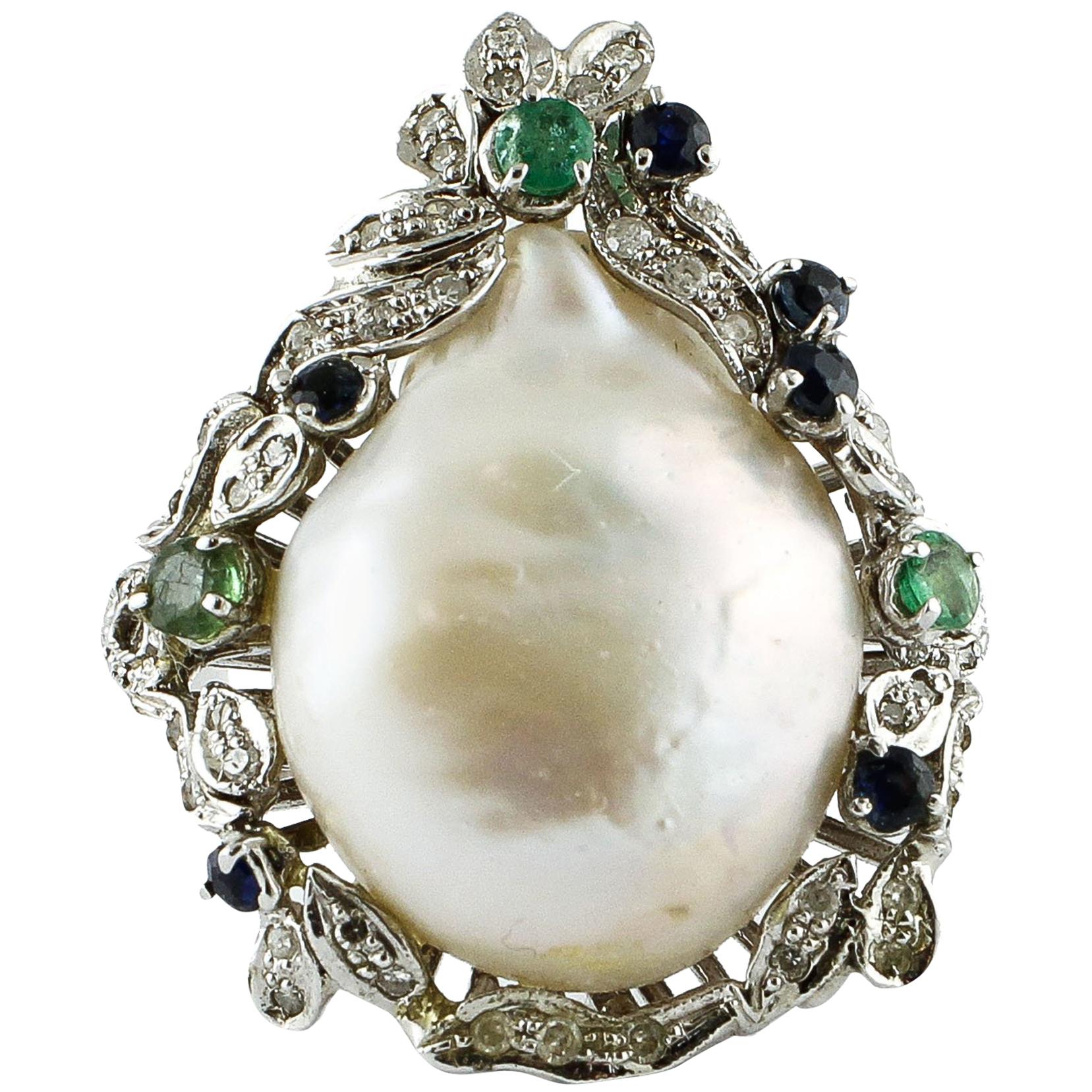 White Diamonds Emeralds Blue Sapphires Baroque Pearl White Gold Cocktail Ring