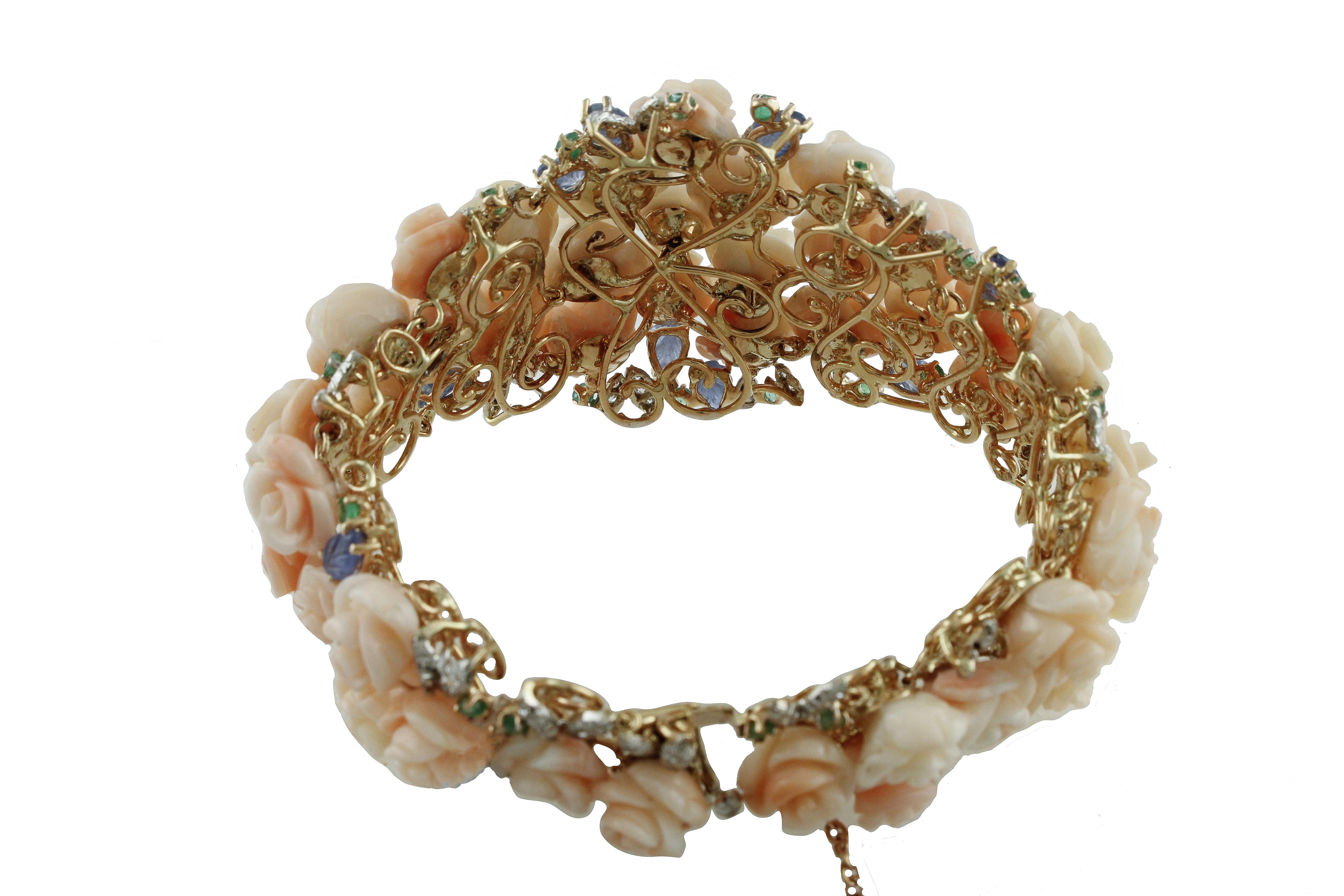 Women's White Diamonds, Emeralds, Blue Sapphire, Pink Coral Stones White/Rose Gold Bracelet