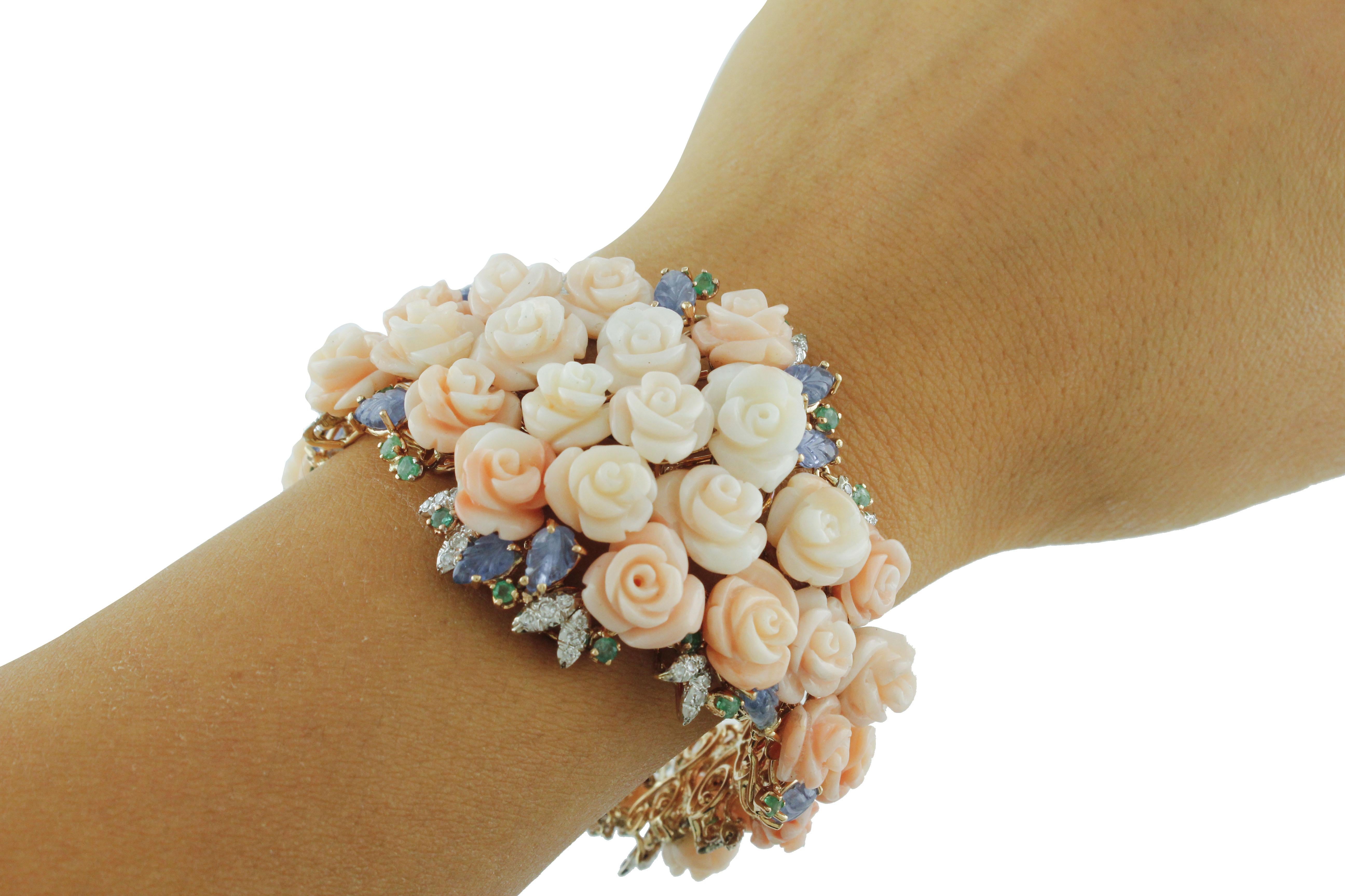 White Diamonds, Emeralds, Blue Sapphire, Pink Coral Stones White/Rose Gold Bracelet 2