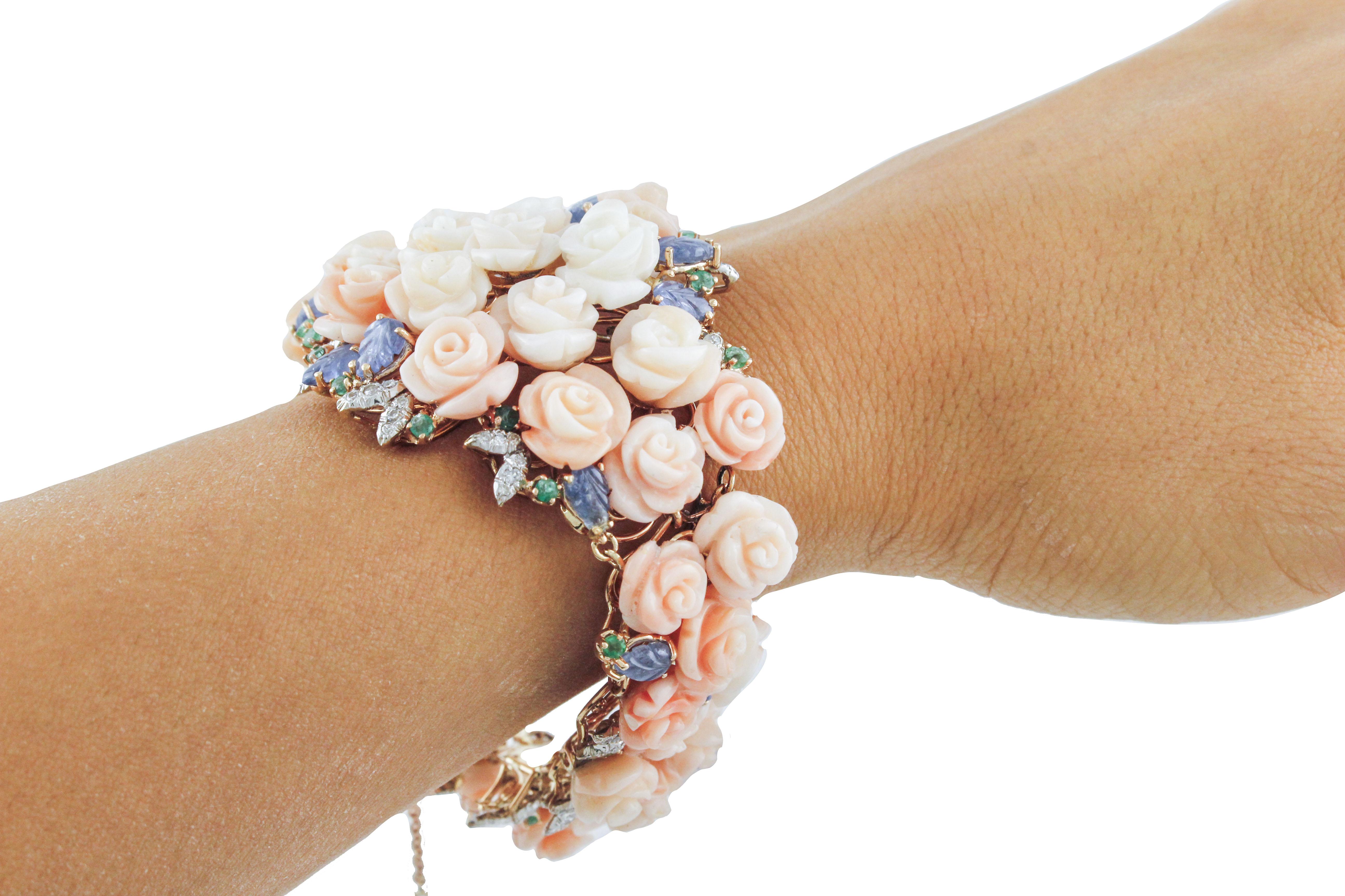 White Diamonds, Emeralds, Blue Sapphire, Pink Coral Stones White/Rose Gold Bracelet 3