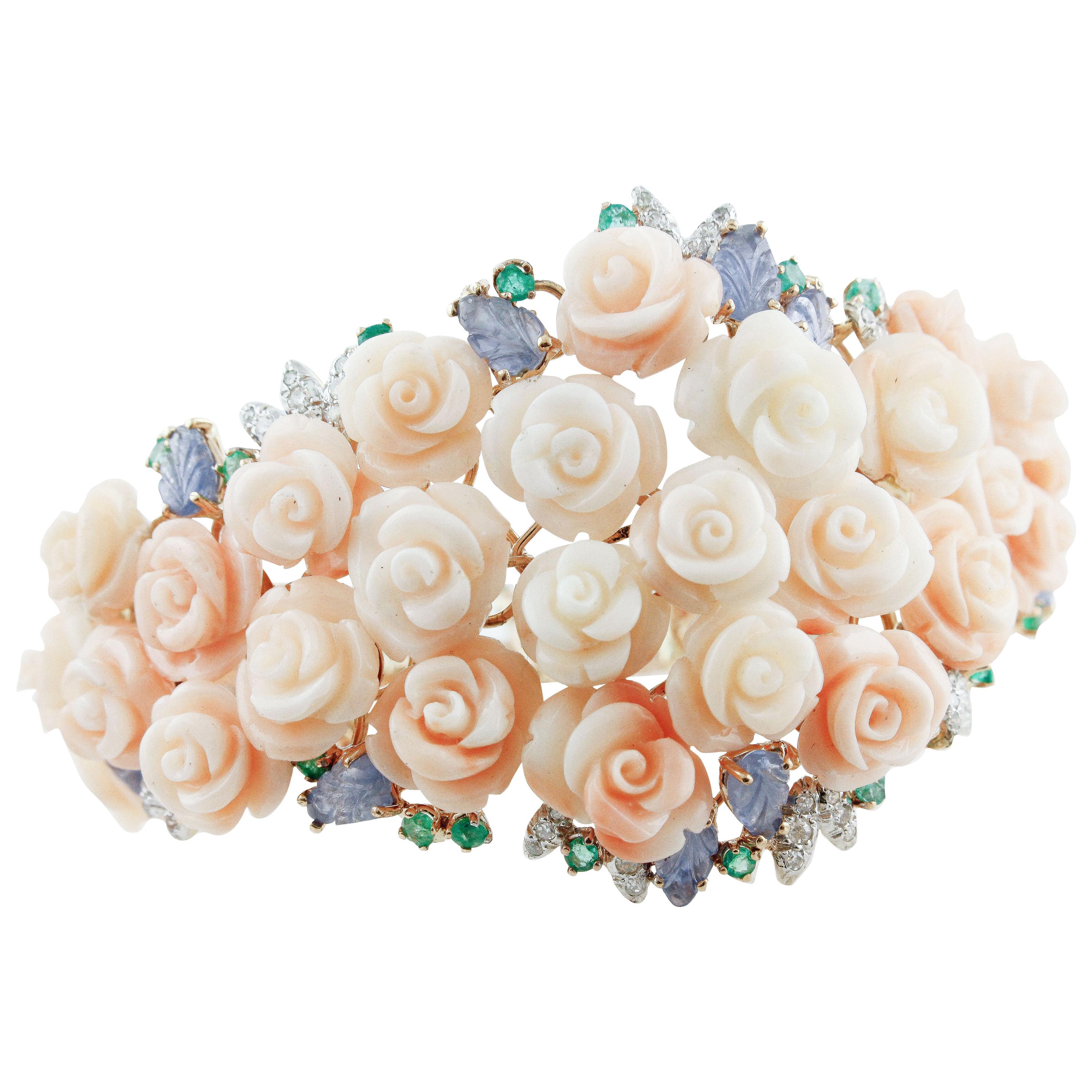 White Diamonds, Emeralds, Blue Sapphire, Pink Coral Stones White/Rose Gold Bracelet