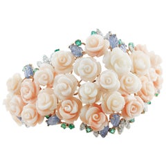 Vintage White Diamonds, Emeralds, Blue Sapphire, Pink Coral Stones White/Rose Gold Bracelet