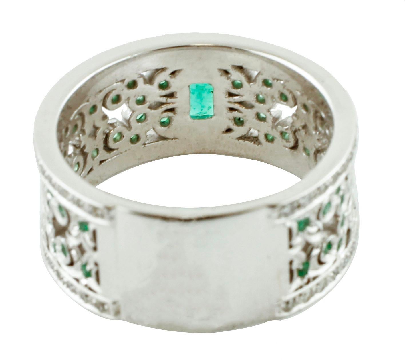 Mixed Cut White Diamonds, Emeralds, White Gold Fashion Band Ring