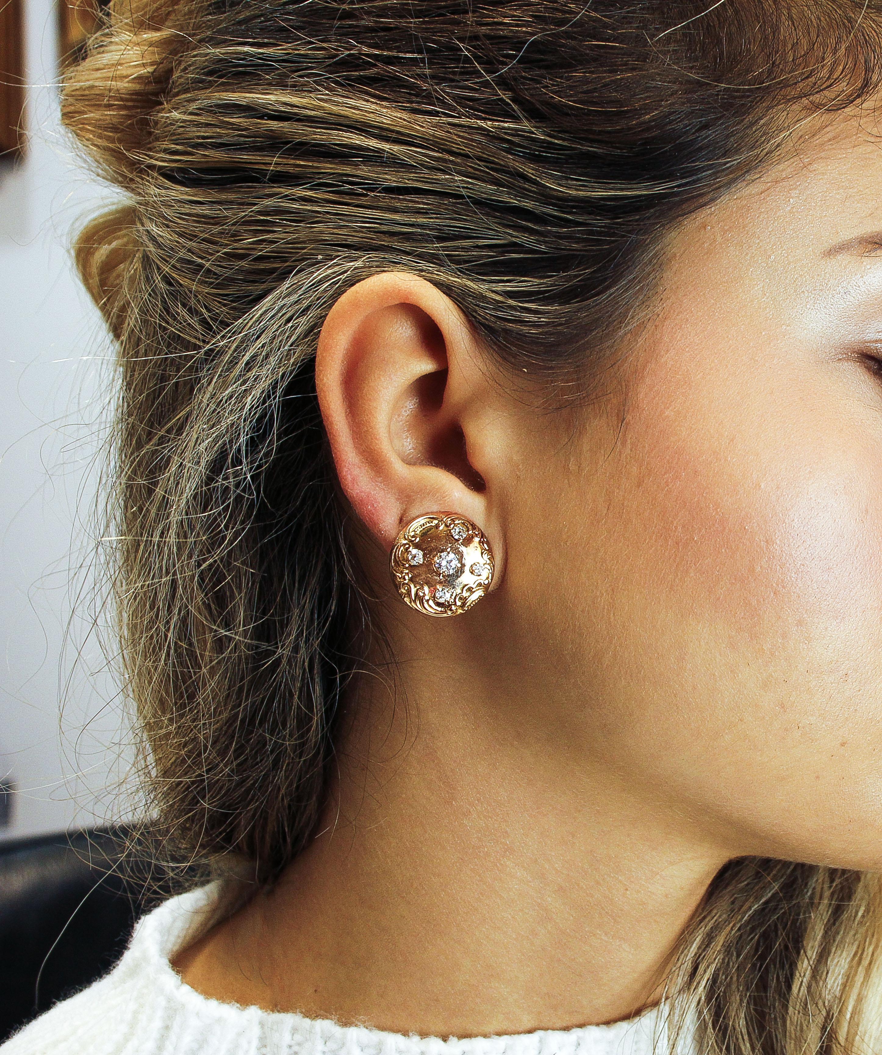 Women's White Diamonds Engraved Rose Gold Clip-On Earrings