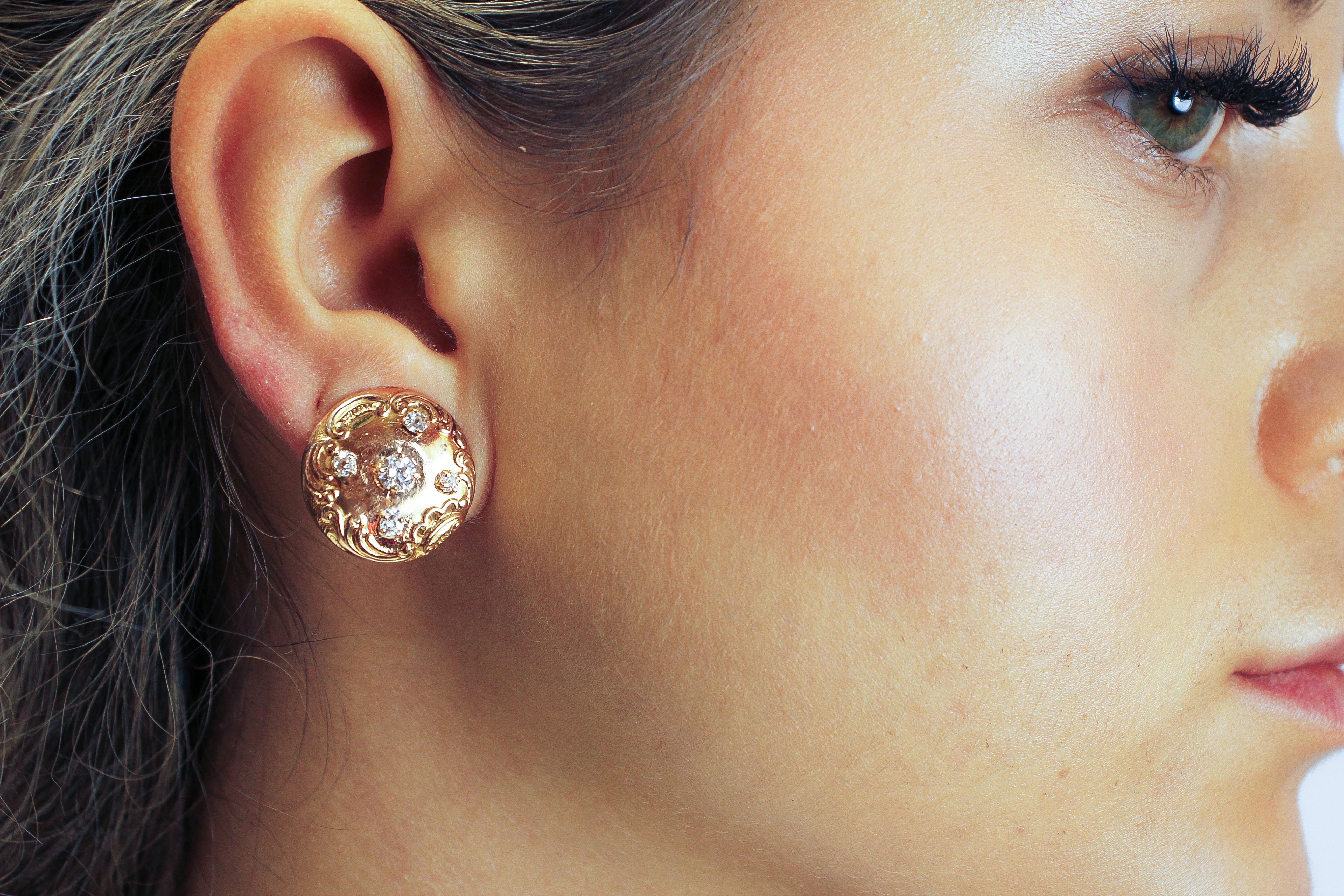 White Diamonds Engraved Rose Gold Clip-On Earrings 1